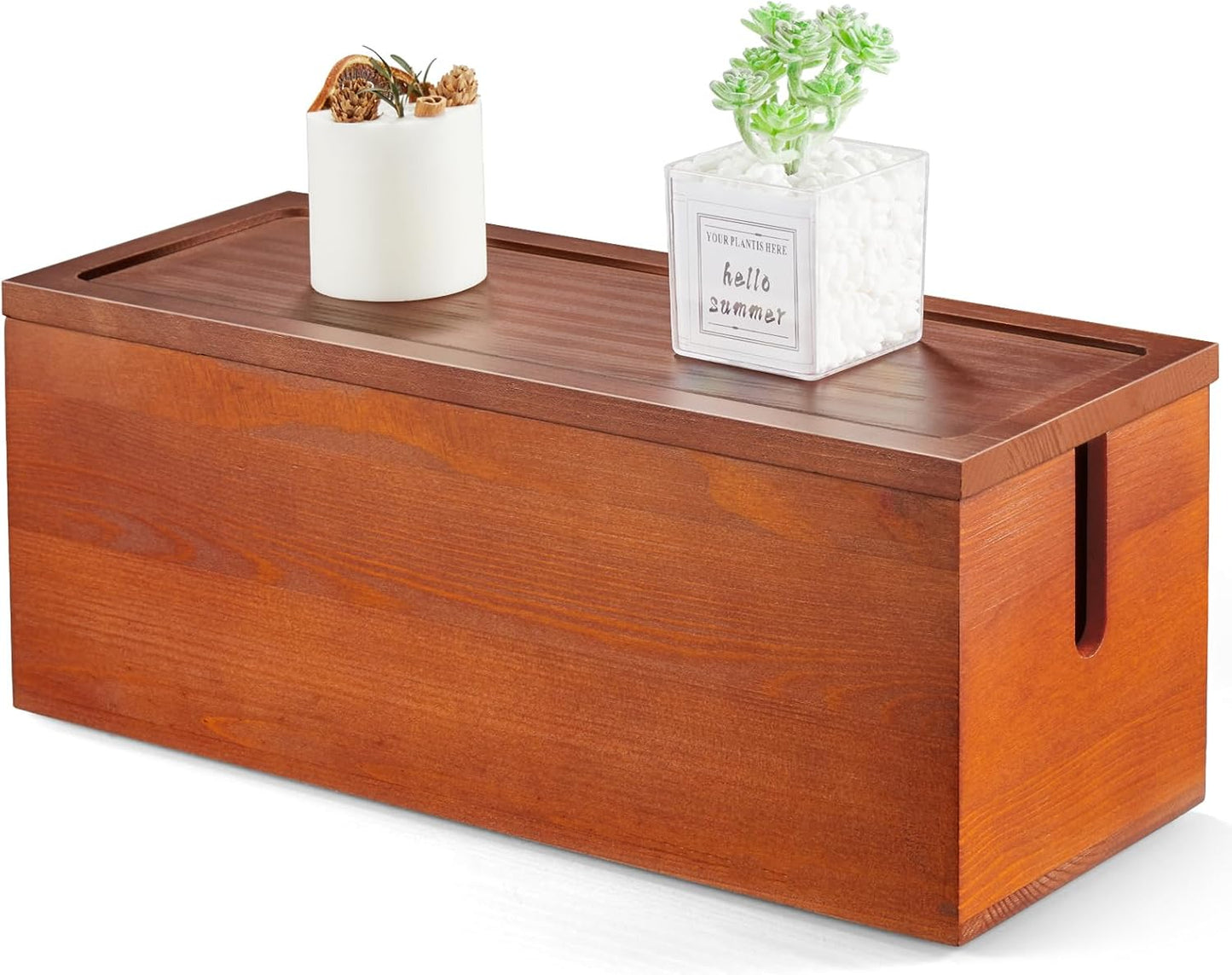 Large Cable Management Box, Wooden Cord Organizer Box for Desk, Floor, Office to Hide Extension Cords Power Stripes Surge Protectors Chargers Wires, Red Brown