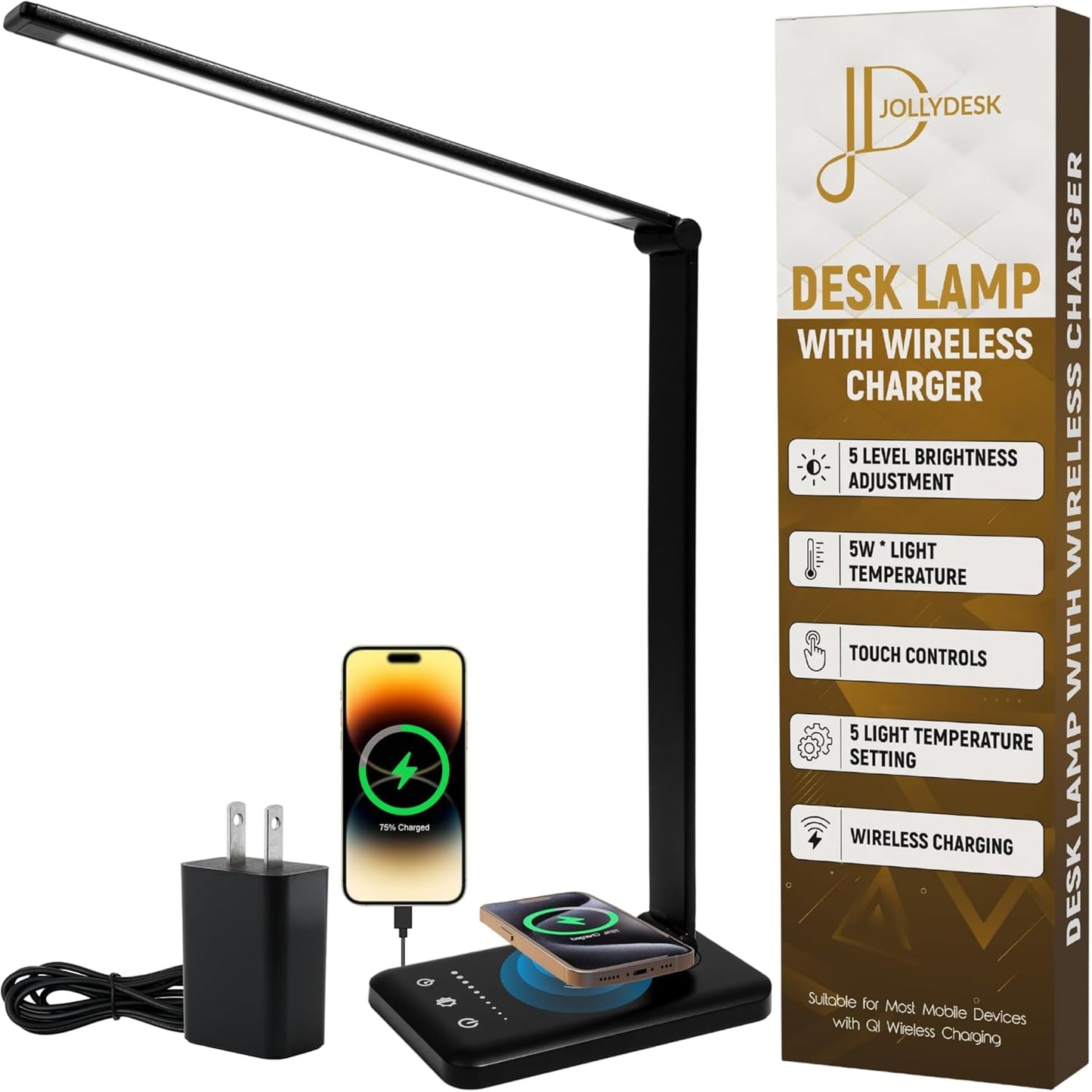 LED Desk Lamp with Wireless Charger – Touch Control Dorm Desk Lamp with USB Charging Station, 3 Color Modes & 5 Brightness Levels, Ideal for Home, Office, Bedroom, Study Area, & College Dorm, Black