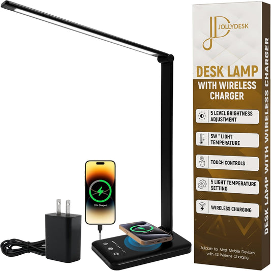 LED Desk Lamp with Wireless Charger – Touch Control Dorm Desk Lamp with USB Charging Station, 3 Color Modes & 5 Brightness Levels, Ideal for Home, Office, Bedroom, Study Area, & College Dorm, Black