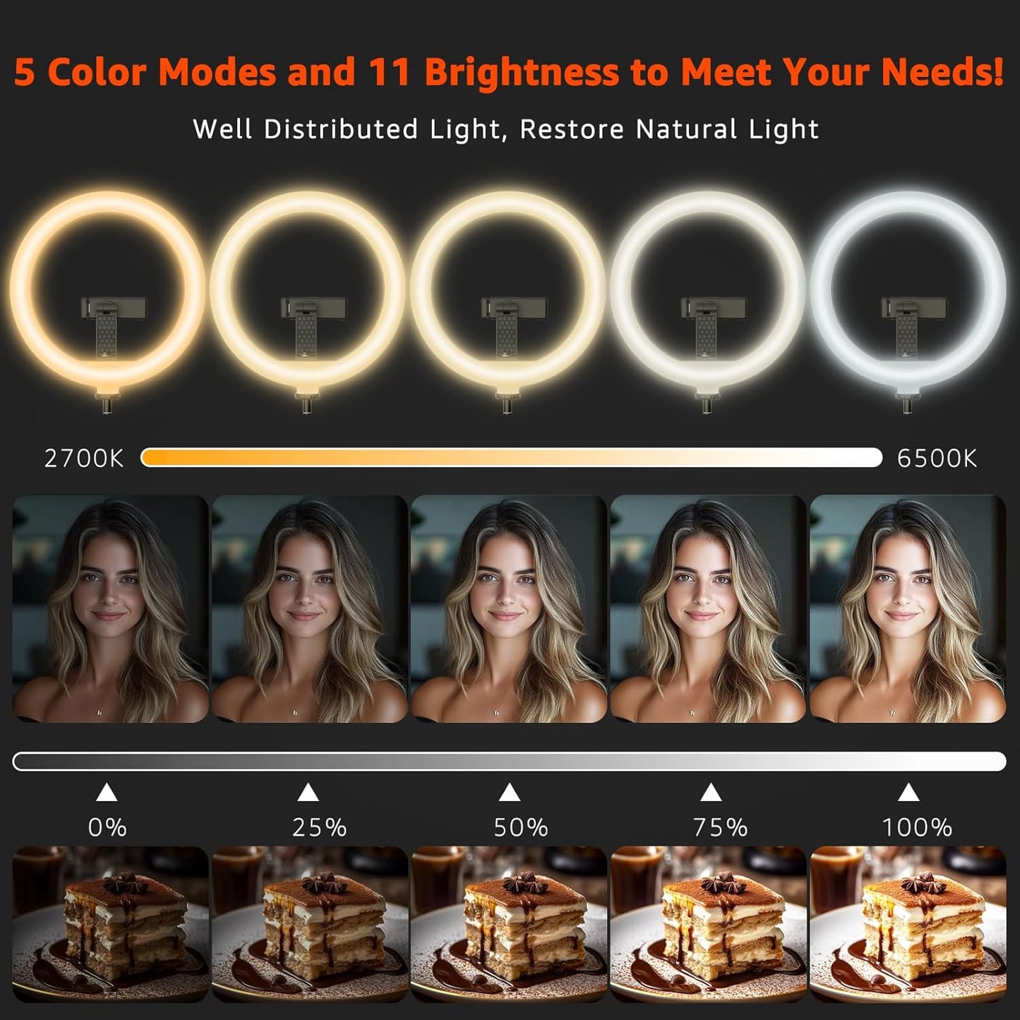 10" LED Ring Light with Overhead Phone Stand, CRI≥95 1200lm Dimmable Lighting, Adjustable Metal Arm with Remote & Phone Holder, for Streaming, Makeup, Zoom Calls, Photography