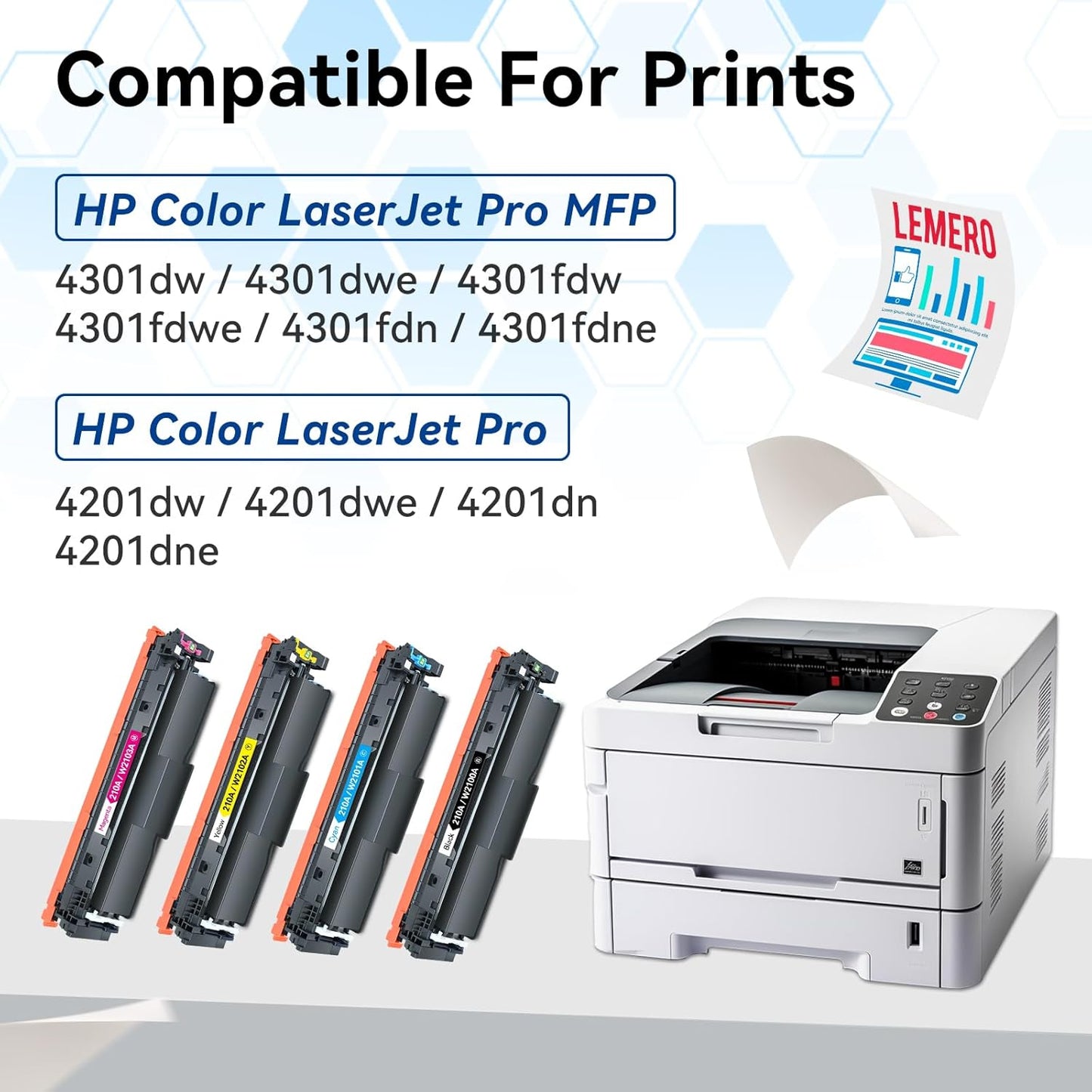 LEMERO 210A Compatible Toner Cartridges Replacement for HP 210A 210X Toner Cartridges Set for HP Color Pro 4201dn 4201dw MFP 4301dw 4301fdn 4301fdw Printer 4 Pack (with Chip for HP210A)