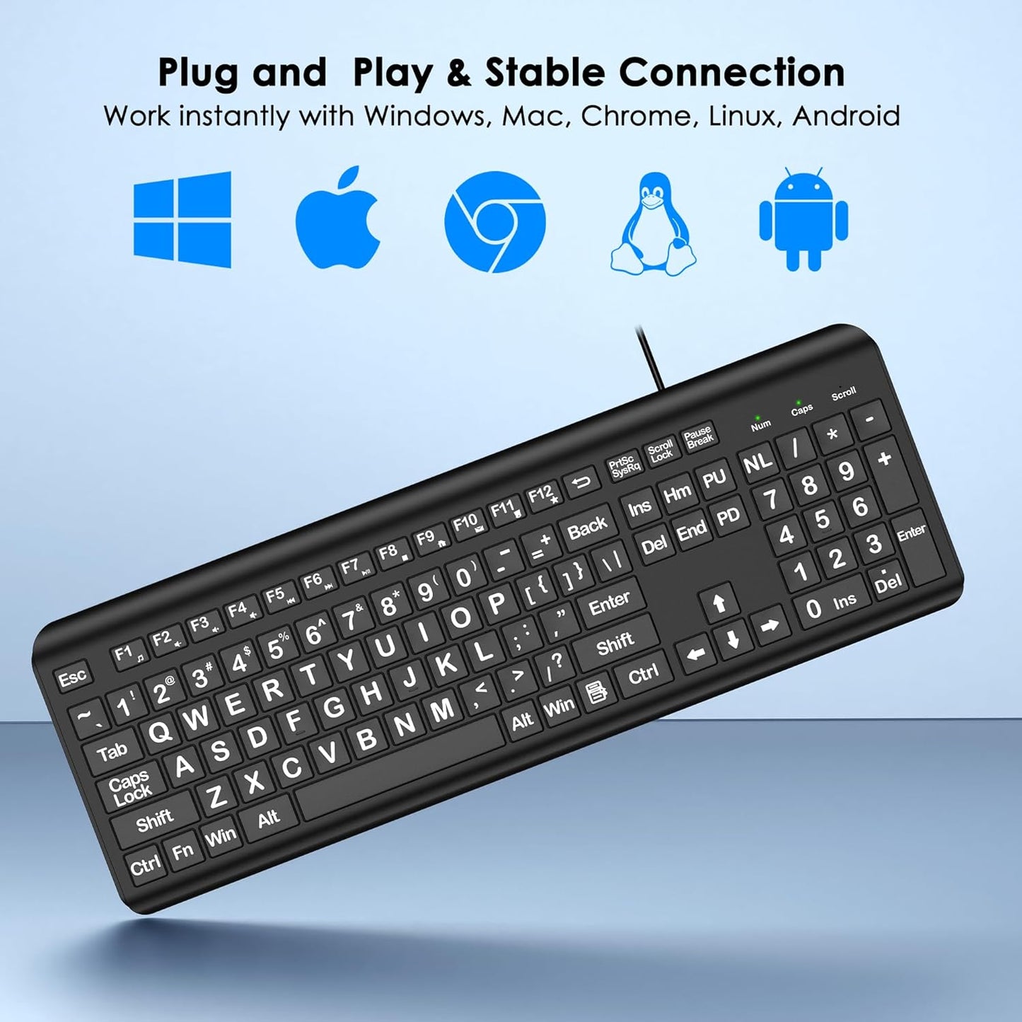 Large Print Computer Keyboard, Wired USB Full Size Quiet Keyboard with 4X Oversized Print Letters for Visually Impaired Low Vision Individuals Easy to See and Type for PC, Laptop,Windows