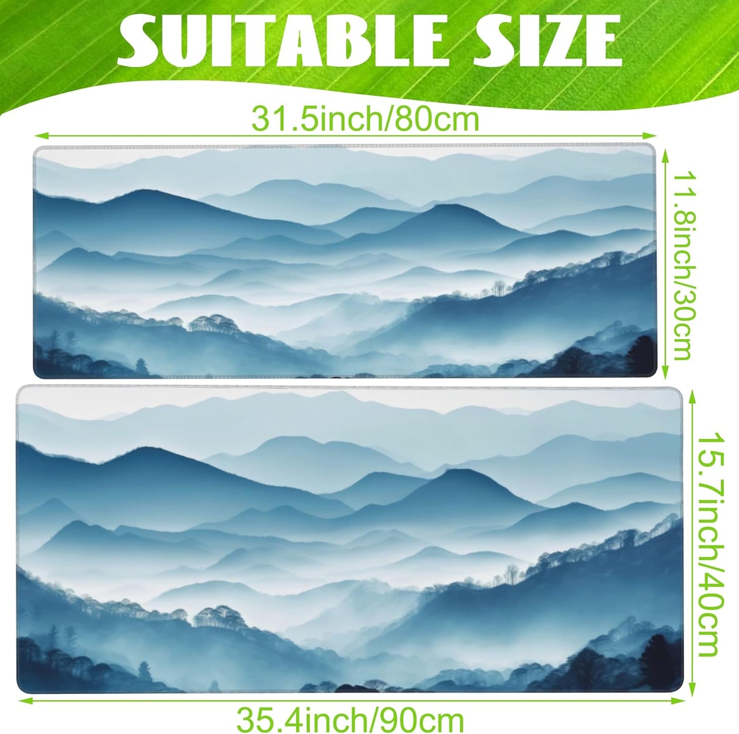 Large Gaming Mouse Pad, Mountain Desk Mat, Misty Forest Mountains Desk Pad, Extended Big Computer Keyboard Mouse Pad with Non-Slip Base and Stitched Edge, 35.4"x15.7"