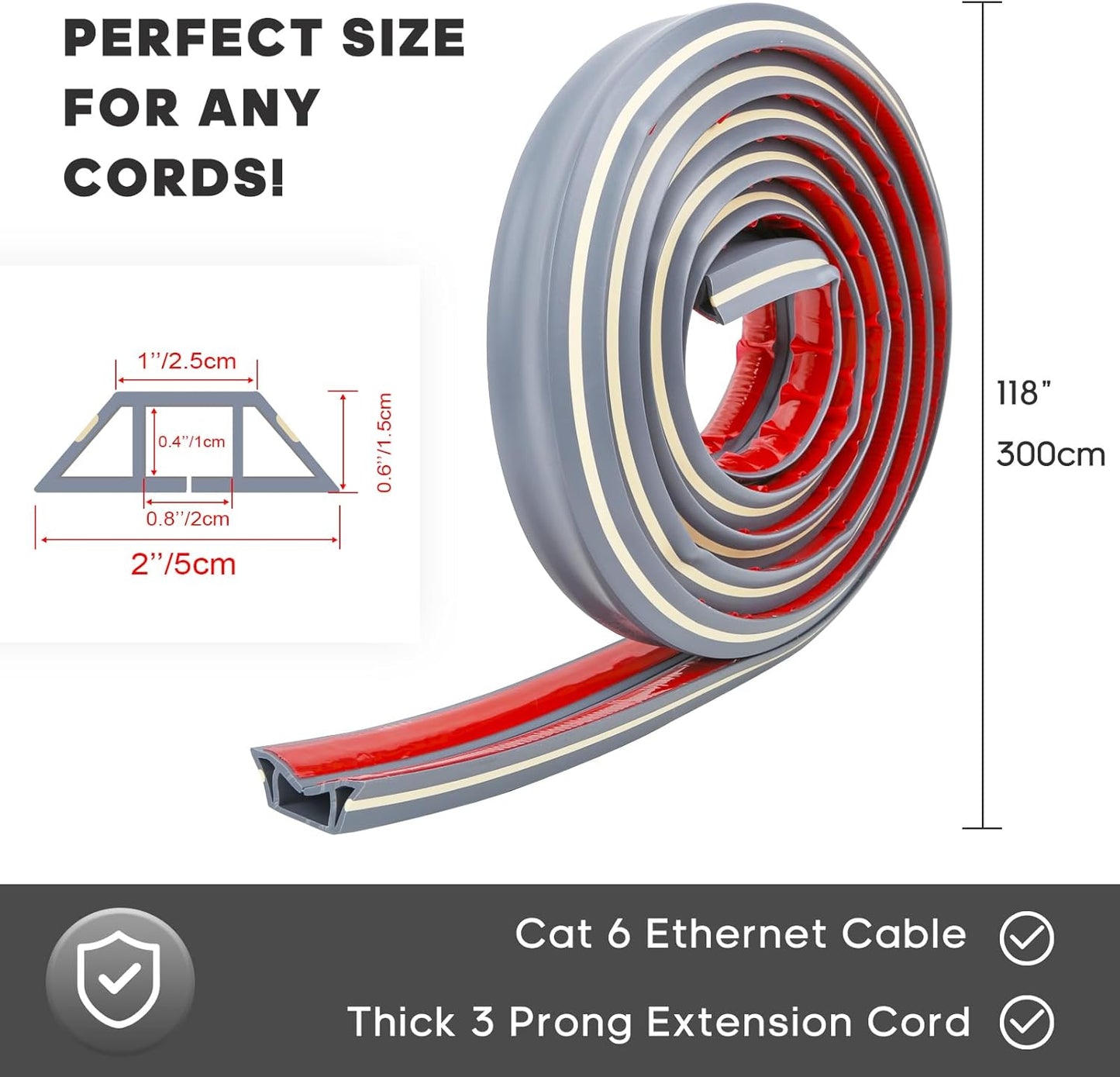 10ft Large Grey Floor Cord Cover, Self-2" (W) x 0.6"(H), Cable Cavity:0.8"(W) x 0.4"(H), Adhesive Power Cable Protector, Silicone Cord Protector, Cord Management, Cord Concealer and Cable Hider