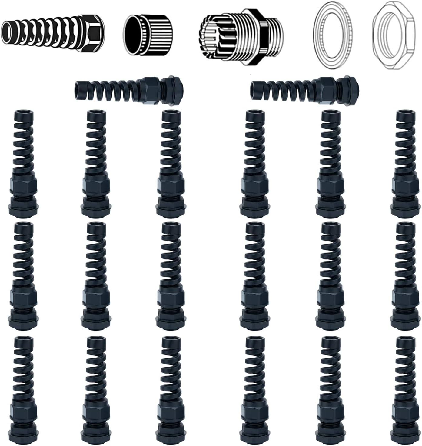 10 Pack Black Nylon Cable Gland, NPT 1/2" Thread, Made of PA66 Material, High Wear Resistance and Chemical Resistance (Black, PG9(20Pcs))