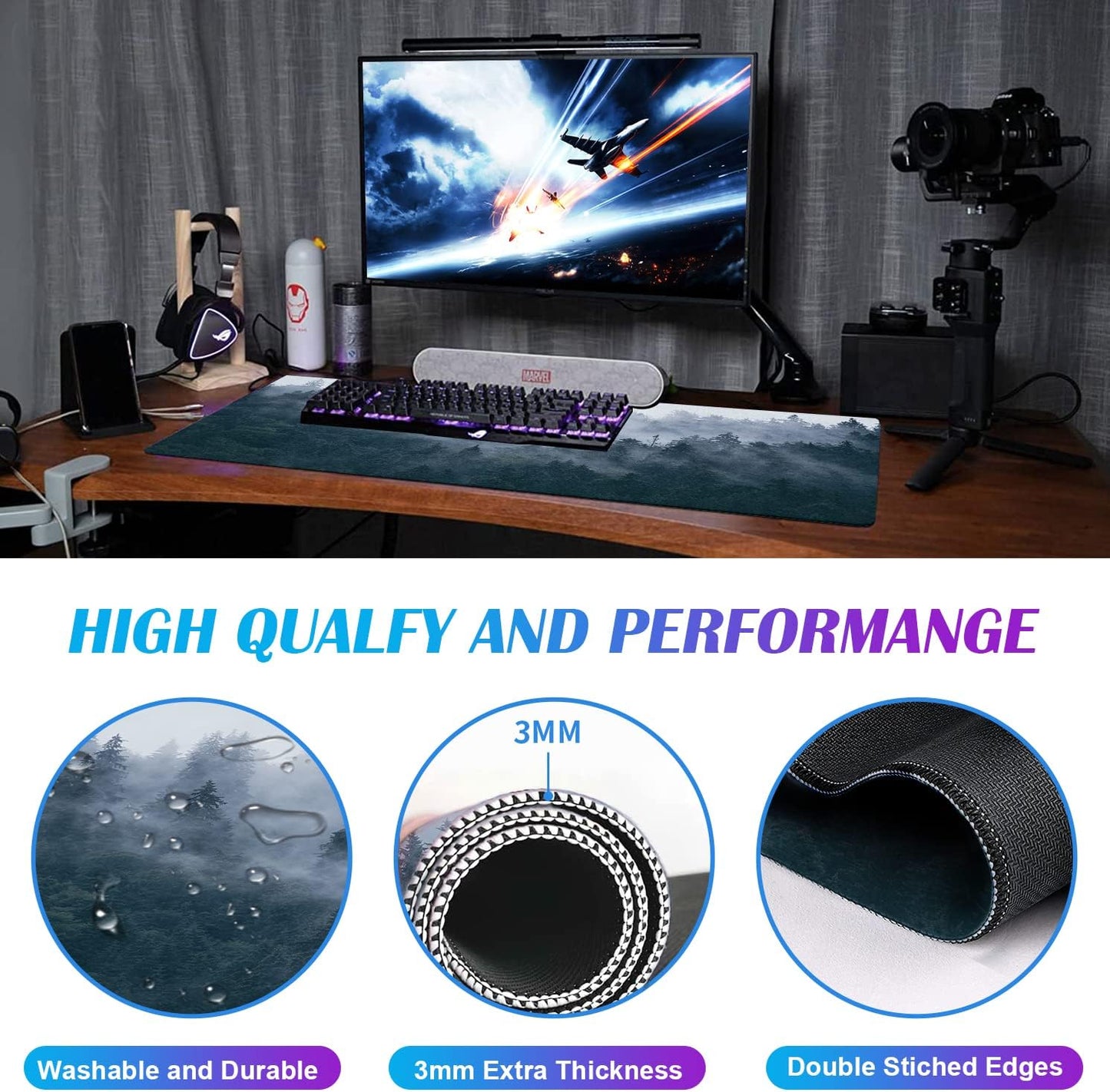 Large Extended Gaming Mouse Pad with Stitched Edges, Non-Slip Waterproof Rubber Base Mouse Pad for Office, Computer, Keyboard, Laptop and Home Desk Pad 35.4 x 15.7 x 0.12 Inch (Grey Forest)