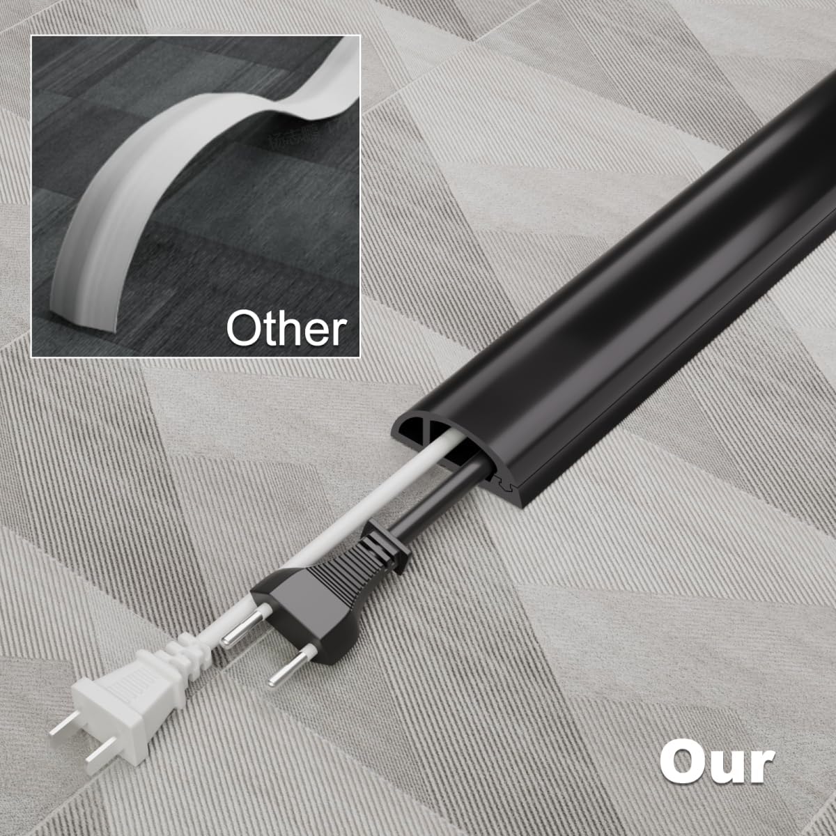 10FT Side-Open Extension Cord Covers for Wires on Floor,Silicone Power Cable Protector Cord Hider Management Strip,Hide Electric Wire on Carpet,Chord Runner Protective Safety Wiremold,Black