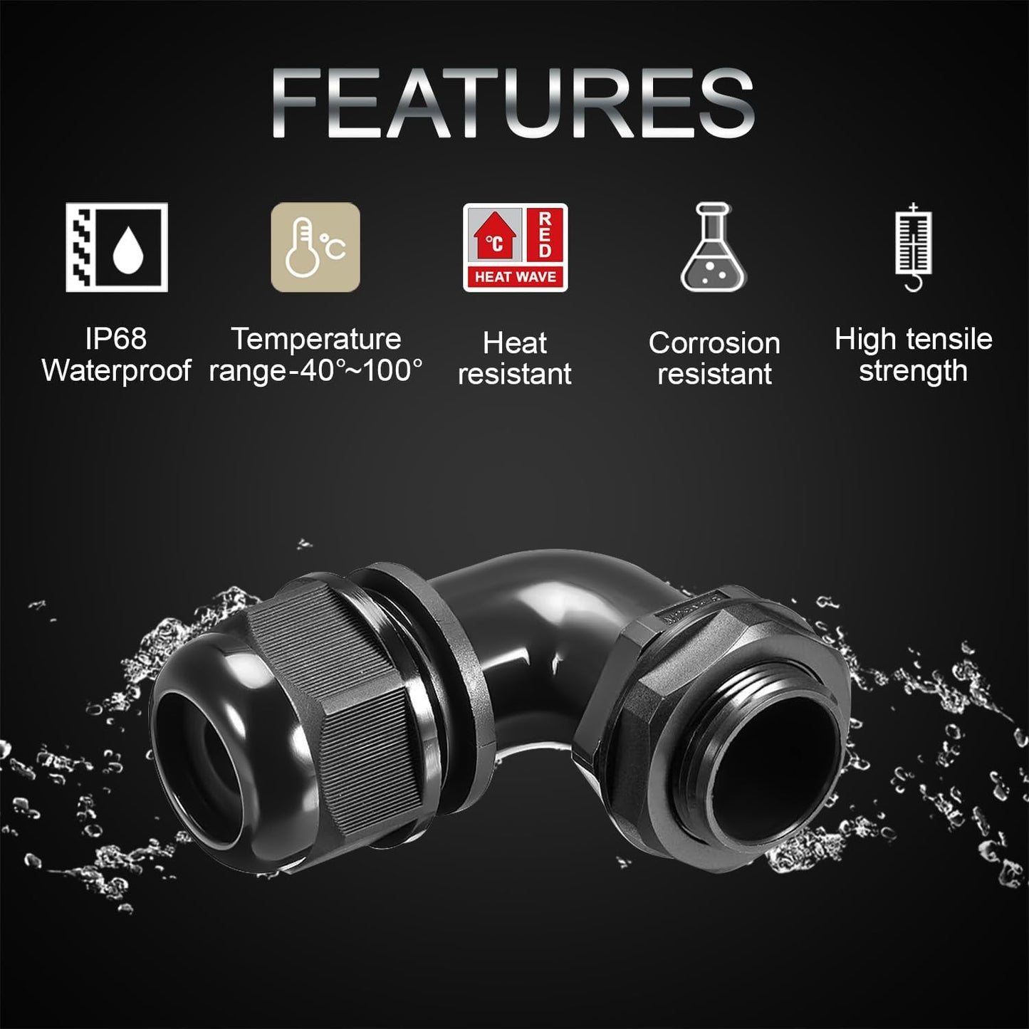 LeMotech M12 Cable Gland, 90 Degree Adjustable 4-8mm Strain Relief, Cord Connectors Nylon Joints with Gaskets, 6 Pcs, Black