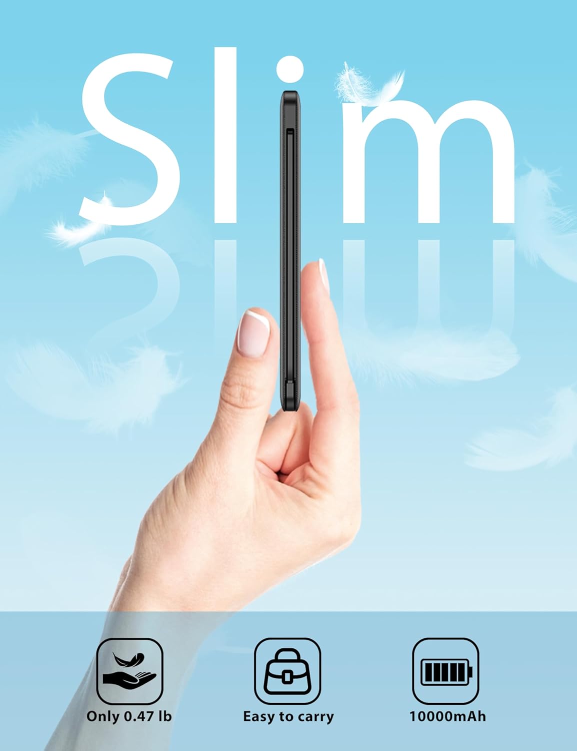 10000mAh Slim Portable Charger with Built in Cable, Power Bank Travel Charger External Battery Pack for Phone, 4 Output USB Type C Cord Clutch Charger Compatible with iPhone, 2 Pack Black & White