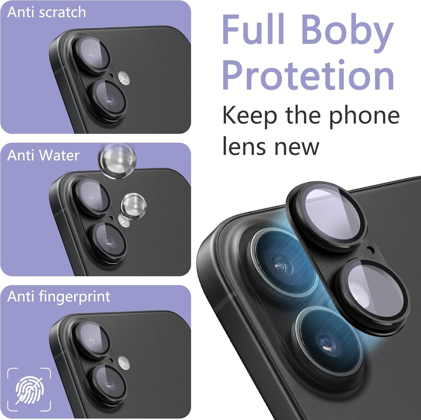 2 Pack Camera Lens Protector for iPhone 16 / iPhone 16 Plus,[Not Easy to Breakn ] AR Tempered Glass Strong Adsorption Metal Camera Cover Screen-Black