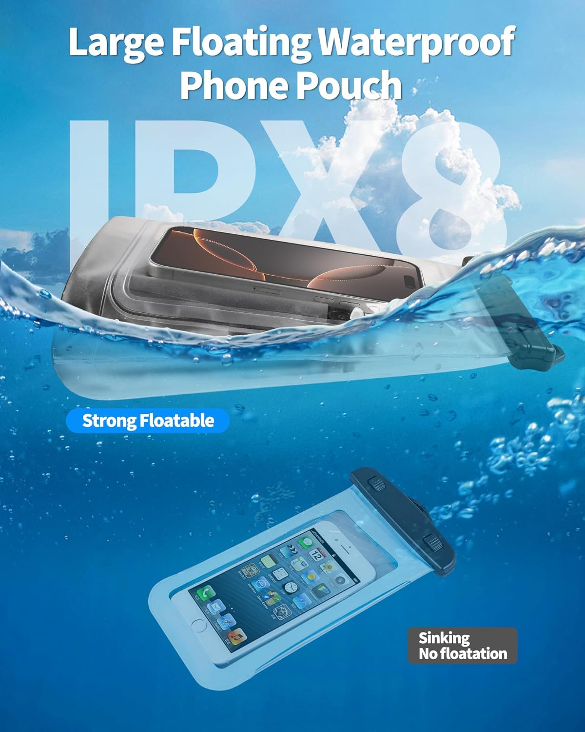 Large Waterproof Phone Pouch - [Oversized] [Floating] Waterproof Pouch for iPhone Galaxy Google and More, IPX8 Waterproof Dry Bag for Beach Vacation Belongings Black