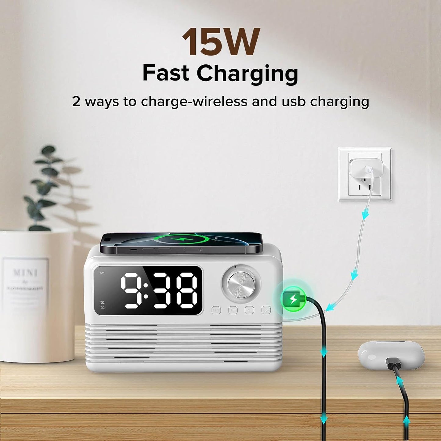 15W Fast Wireless Charger with Bluetooth Speaker and Alarm Clock Radio,4 in1 Wireless Charging Station for iPhone,Android Phones with FM Radio for Bedroom