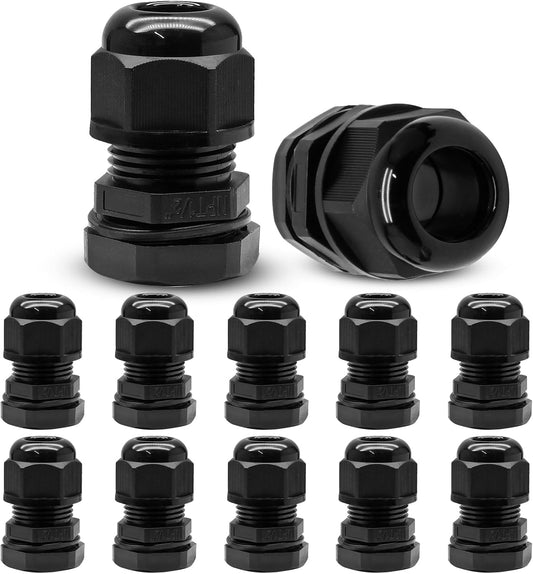 12 Pcs 1/2" NPT Nylon Cable Glands, Black Strain Relief Cable Cord Connector IP68 Waterproof Junction Box Wire Protectors Adjustable for 6-12mm Cable Diameter