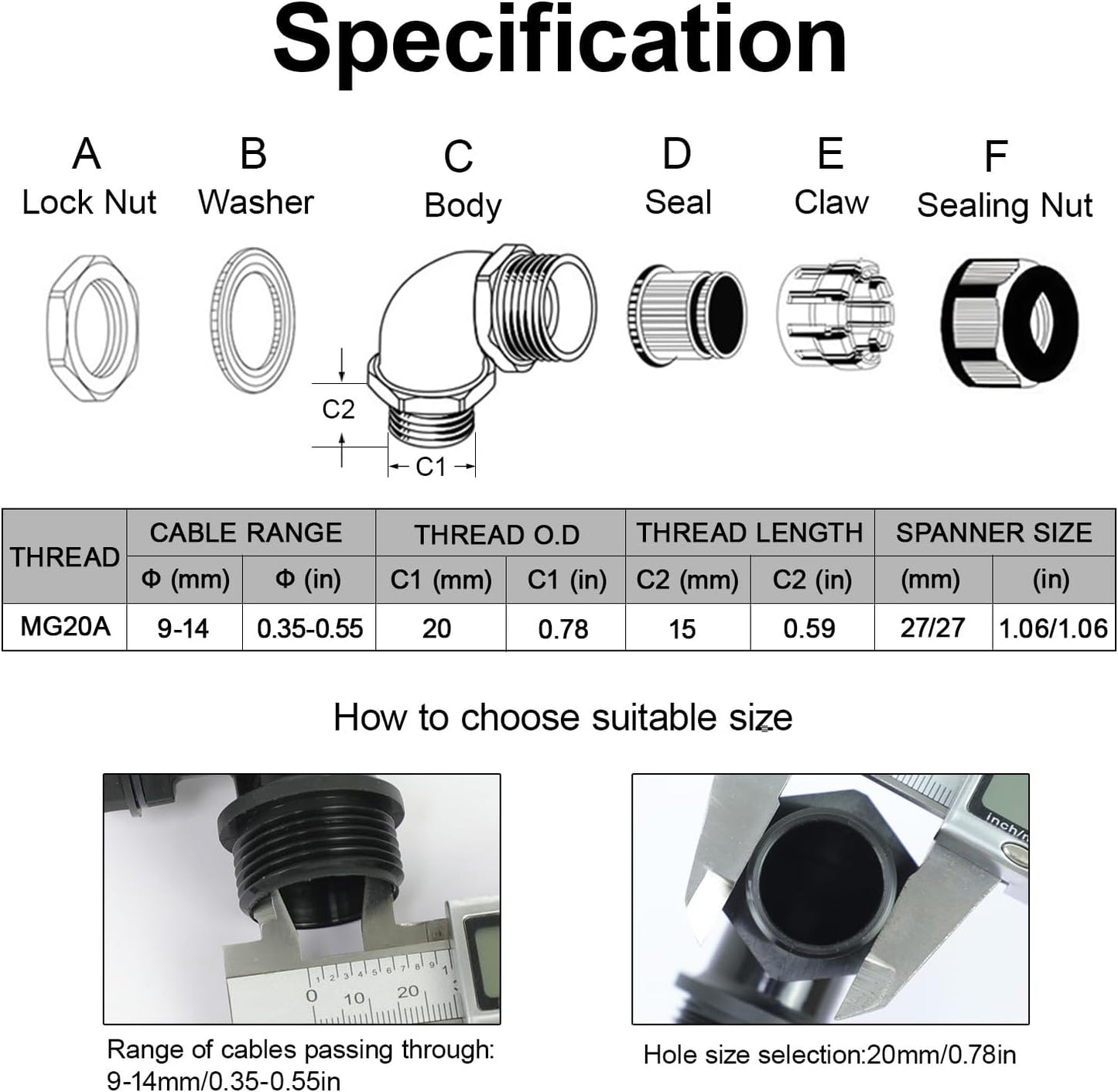 LeMotech M20 Cable Gland, 90 Degree Adjustable 9-14mm Strain Relief, Cord Connectors Nylon Joints with Gaskets, 2 Pcs, Grey