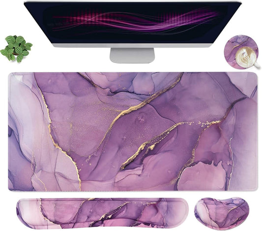 Large Mouse Pad and Keyboard Wrist Rest, Desk Pad for Keyboard and Mouse, 4-in-1 Large Gaming Mouse Pad with Wrist Support, Desk Mat for Home Office Study Game-Purple