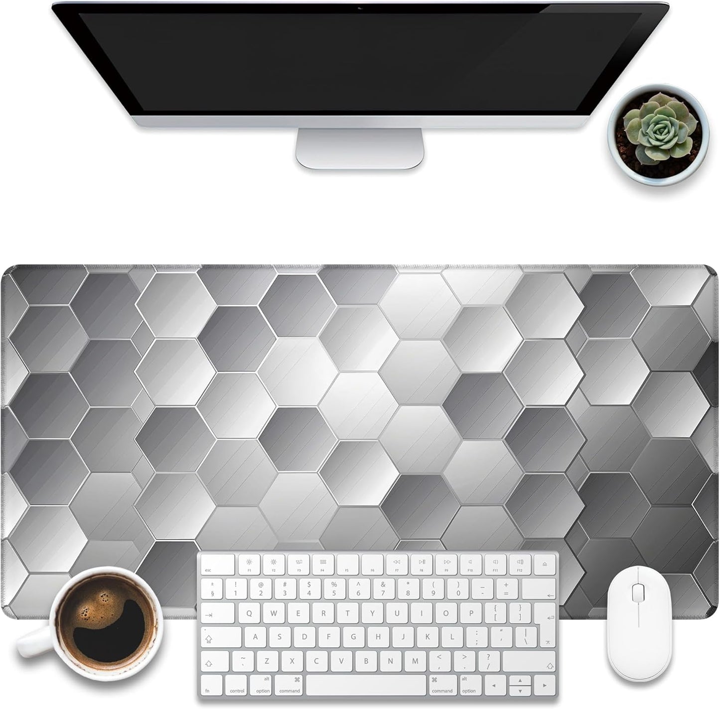 Large Gaming Mouse Pad for Desk, Silver Technology Honeycomb Desk Mat, Sci-Fi Honeycomb Desk Pad, 31.5"x15.7" Extended Big Computer Keyboard Mouse Pad with Non-Slip Base and Stitched Edge