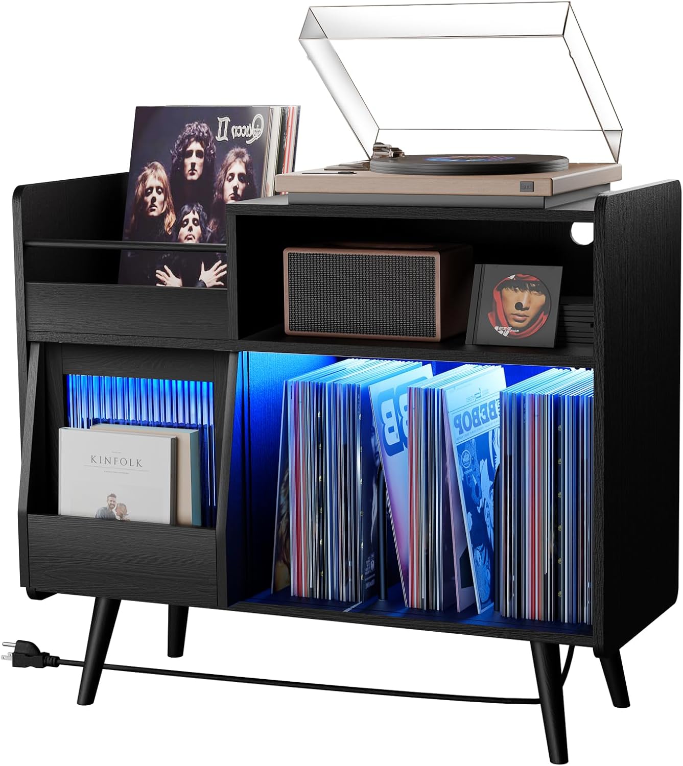 Large Record Player Stand with Sliding Door,350 Vinyl Record Storage Cabinet, Record Player Table with Power Outlet and LED Light,Turntable Stand with Wood Legs for Living Room,Bedroom,Office