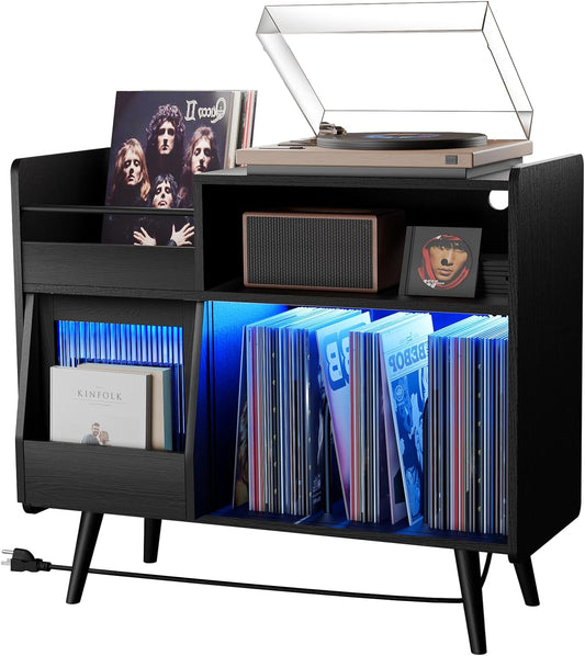Large Record Player Stand with Sliding Door,350 Vinyl Record Storage Cabinet, Record Player Table with Power Outlet and LED Light,Turntable Stand with Wood Legs for Living Room,Bedroom,Office
