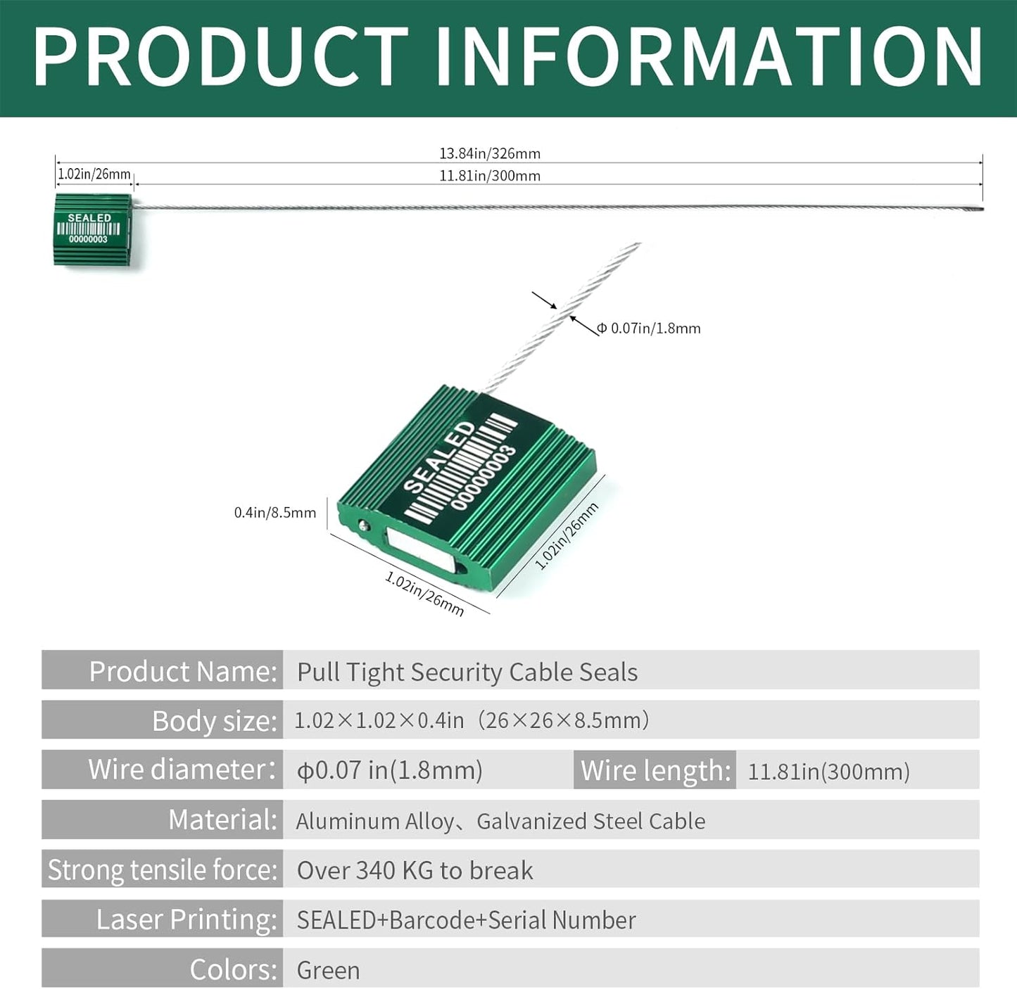 100 Green Steel Cable Seals With Barcode - High Security Numbered Truck Anti-Tamper Pull Tite Tags - Metal Container Shipping Self-Locking Safety Ties ISO 17712