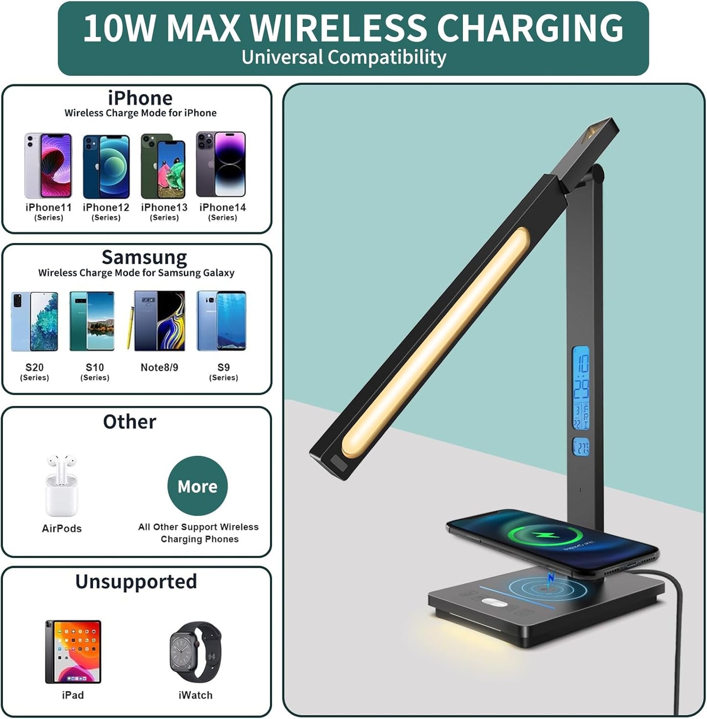 10 in 1 Smart Desk Lamp Led, Desk Light for Colleage Drom Room Office, Eye-Caring Table Lamp with Night Light, Lamp for Desk with 10W Wireless Charger, Dimmable Touch Lamp, Birthday Gifts for Women