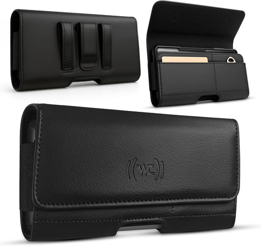 Leather Phone Holster for Men & Women, Horizontal Cell Phone Case with ID/Card Holder, Fits iPhone 13/12 Mini, SE, Xs/X, 8, 6s - Belt Clip/Loop Carrying Phone Pouch – Small Size