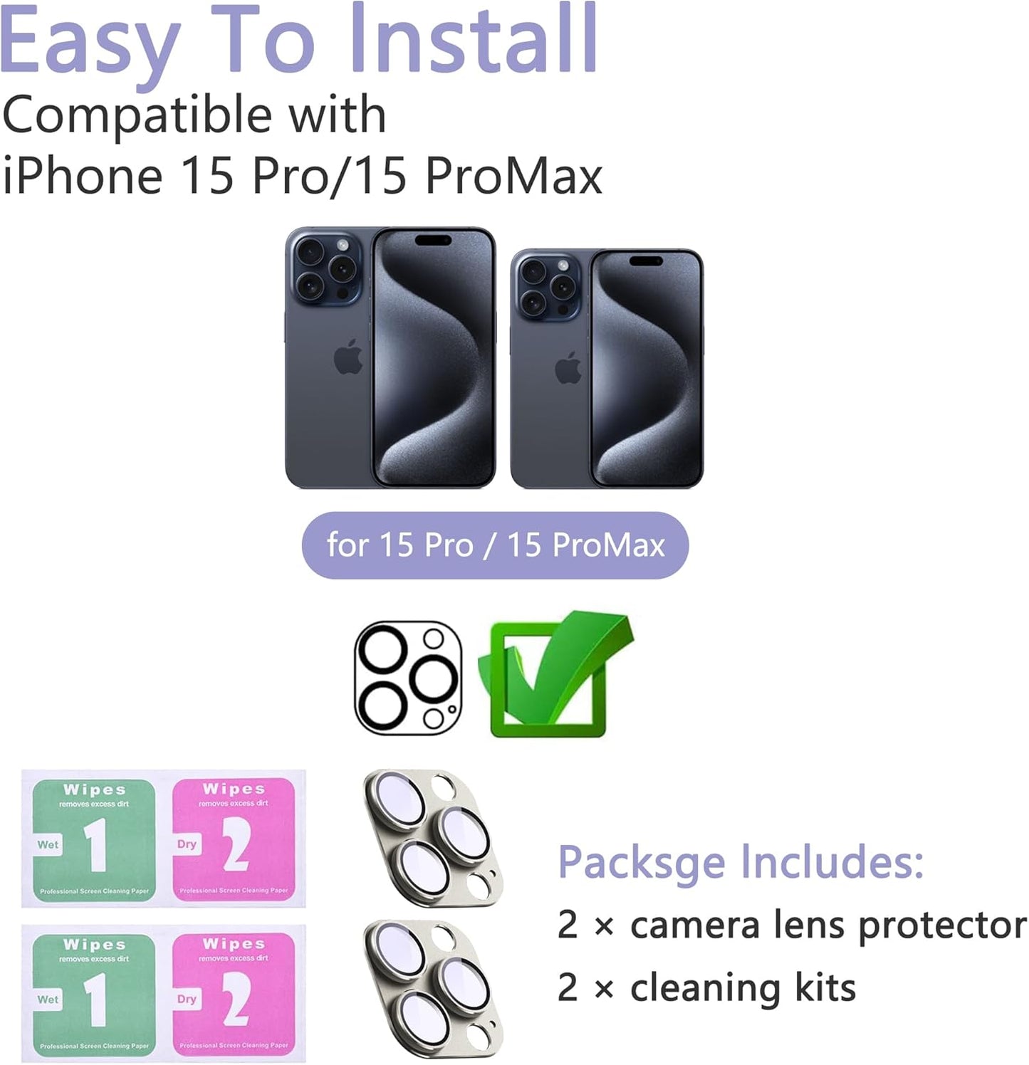 2 Pack Camera Lens Protector for iPhone 15 Pro/iPhone 15 Pro Max,[Not Easy to Breakn ] AR Tempered Glass Strong Adsorption Metal Camera Cover Screen-Titanium Grey