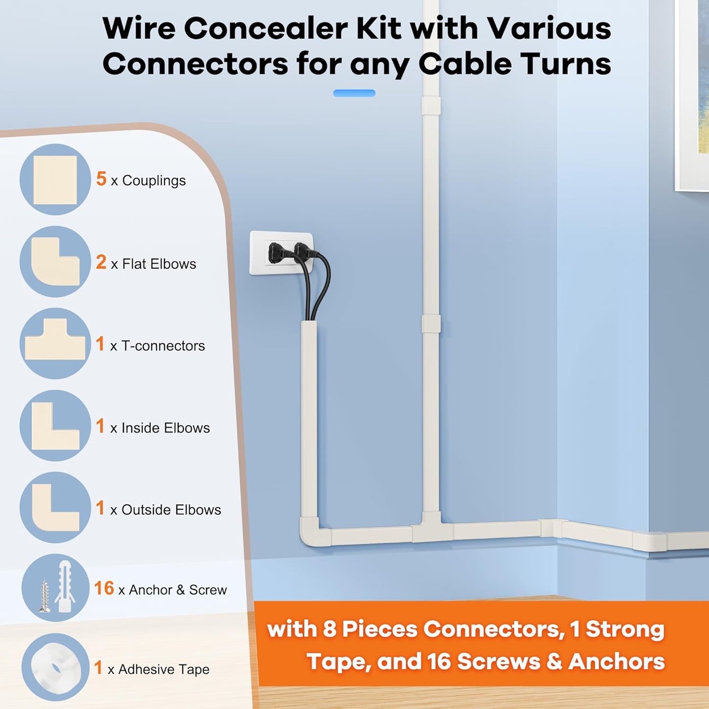 126in Cord Hider Kit, ZhiYo Wire Hiders for TV on Wall, Paintable Cable Management Kit, Wire Cover for Wall Mount TV, Beige Cable Raceway, Cord Cover Wall Wire Management Kit, 8xL15.7in W1.18inH0.67in