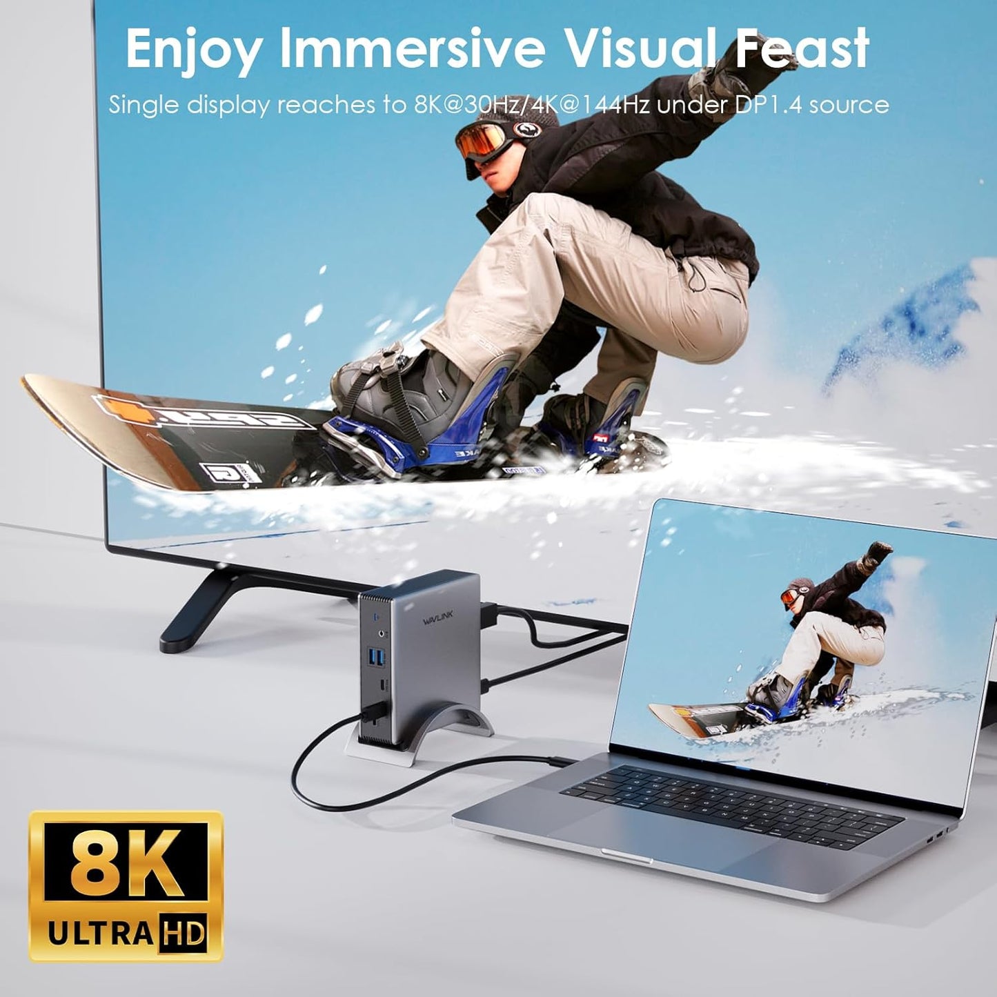 Laptop Docking Station,WAVLINK PD3.1 Docking Station 3 Monitors with 8K@30Hz/4K@144Hz,2*HDMI + DP,140W PD Charge,USB-C 10Gb,USB-A 5Gb,Gigabit Ethernet,Audio/Mic for HP, Dell,Windows System Computer