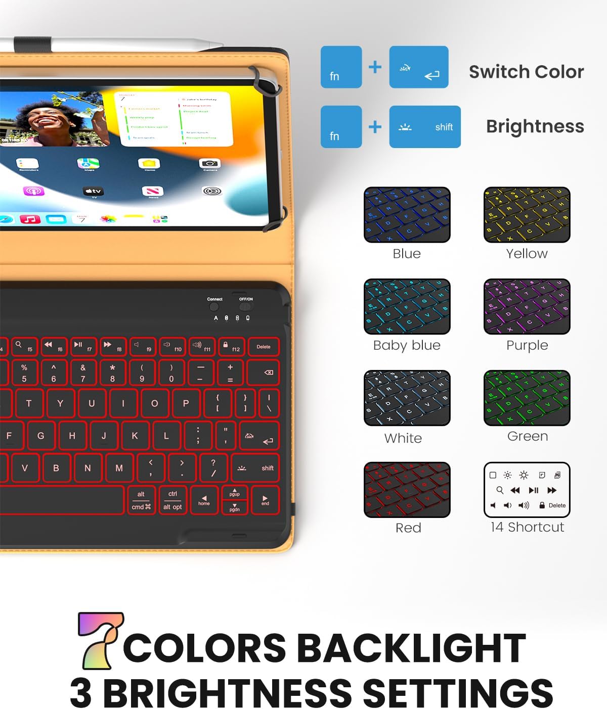 Leather Keyboard Case for 9",9.7",10.1",10.2",10.5",10.9",11" Tablets,7 Colors Backlit,Bluetooth Wireless Keyboard with Pocket Leather Folio Cover(Black)