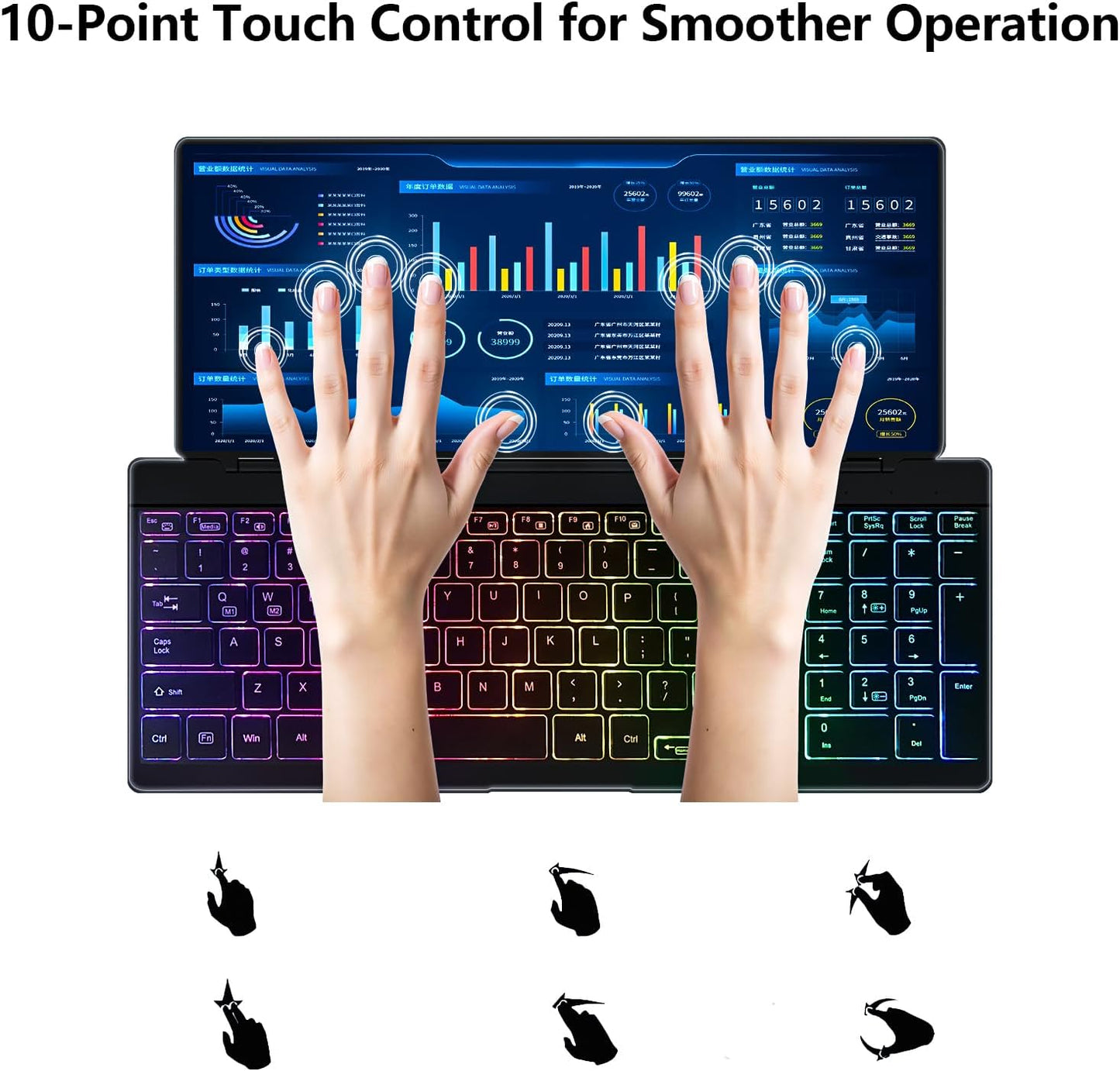 12.8" Portable Touchscreen Keyboard Monitor Stretched Bar Screen Extender with Silent Keyboard Foldable MIni RPi Display Type-C USB-A Monitor for Desktop Mini PC Laptop Macbook Phones Tablet (KM128T)