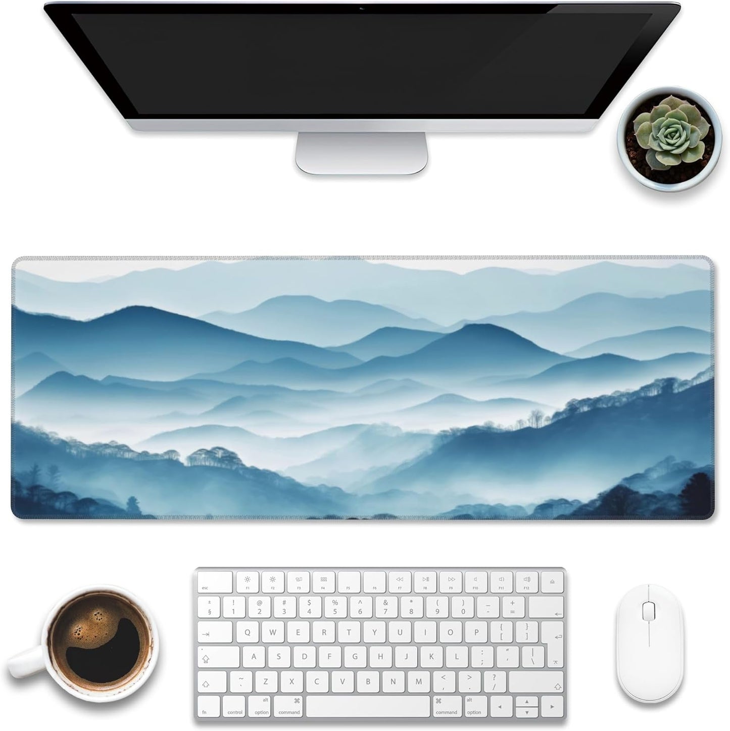 Large Gaming Mouse Pad for Desk,Mountain Desk Mat,Misty Forest Mountains Desk Pad,Extended Big Computer Keyboard Mouse Pad with Non-Slip Base and Stitched Edge,31.5"x11.8"