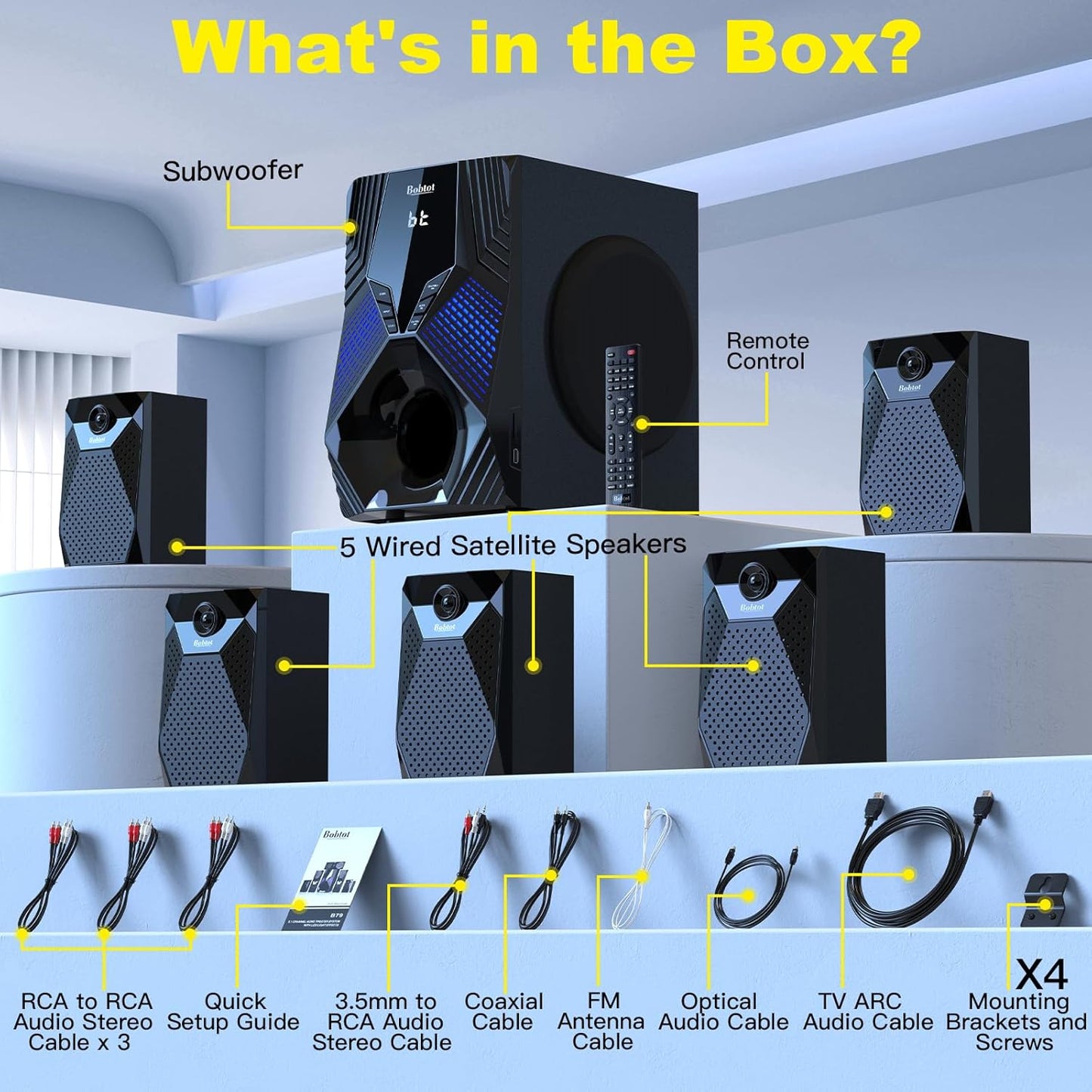 1000W Surround System 5 Wired Satellite Audio Speakers 8 inch Subwoofer 5.1/2.1 Channel Home Theater Deep Bass Support HDMI ARC Optical Bluetooth Karaoke Input