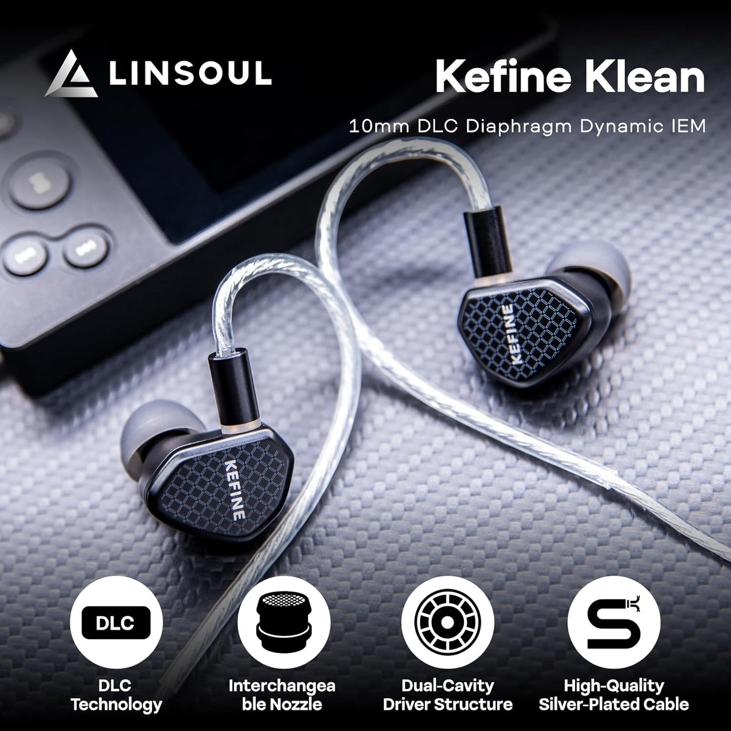 Linsoul Kefine Klean in Ear Monitor,10mm DLC Diaphragm Dynamic Driver HiFi Earphones,Wired Gaming Earbuds,Replaceable Nozzles,Detachable Silver-Plated Cable for Audiophile (with Mic Type-C, Black)