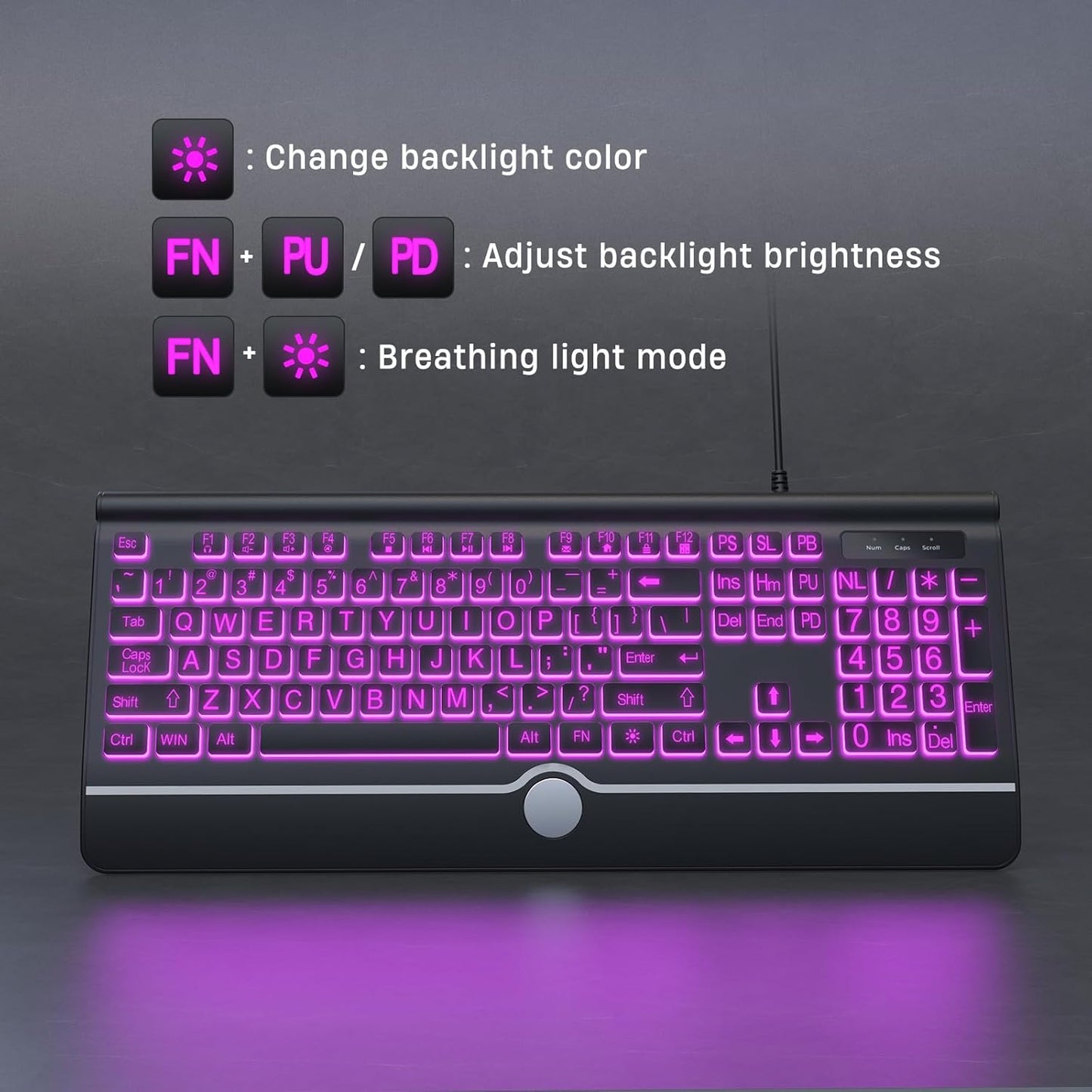 Large Print Backlit Computer Keyboard, USB Full Size Wired Keyboards with 7-Colors Backlight, Wrist Rest, Light Up Keyboard for Windows, PC, Laptop - Easy to See, Easy to Setup