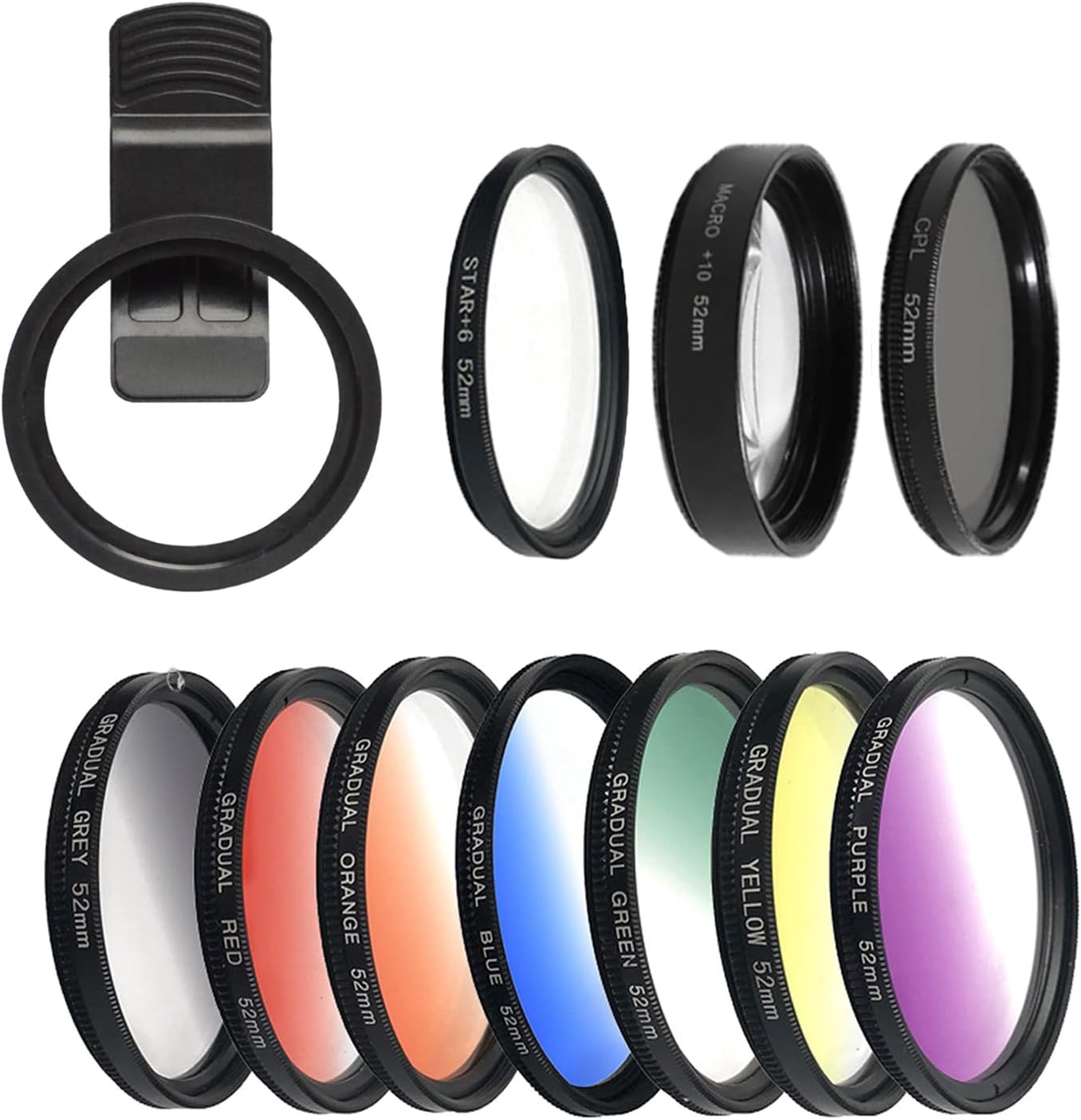 10 in 1 Cell Phone Camera Lens Kit, 52MM Clip-On CPL Phone Camera Lens Filter Kit Including 10x Macro, CPL Polarizer, 7 Colour Filters Compatible with iPhone and Other Phones