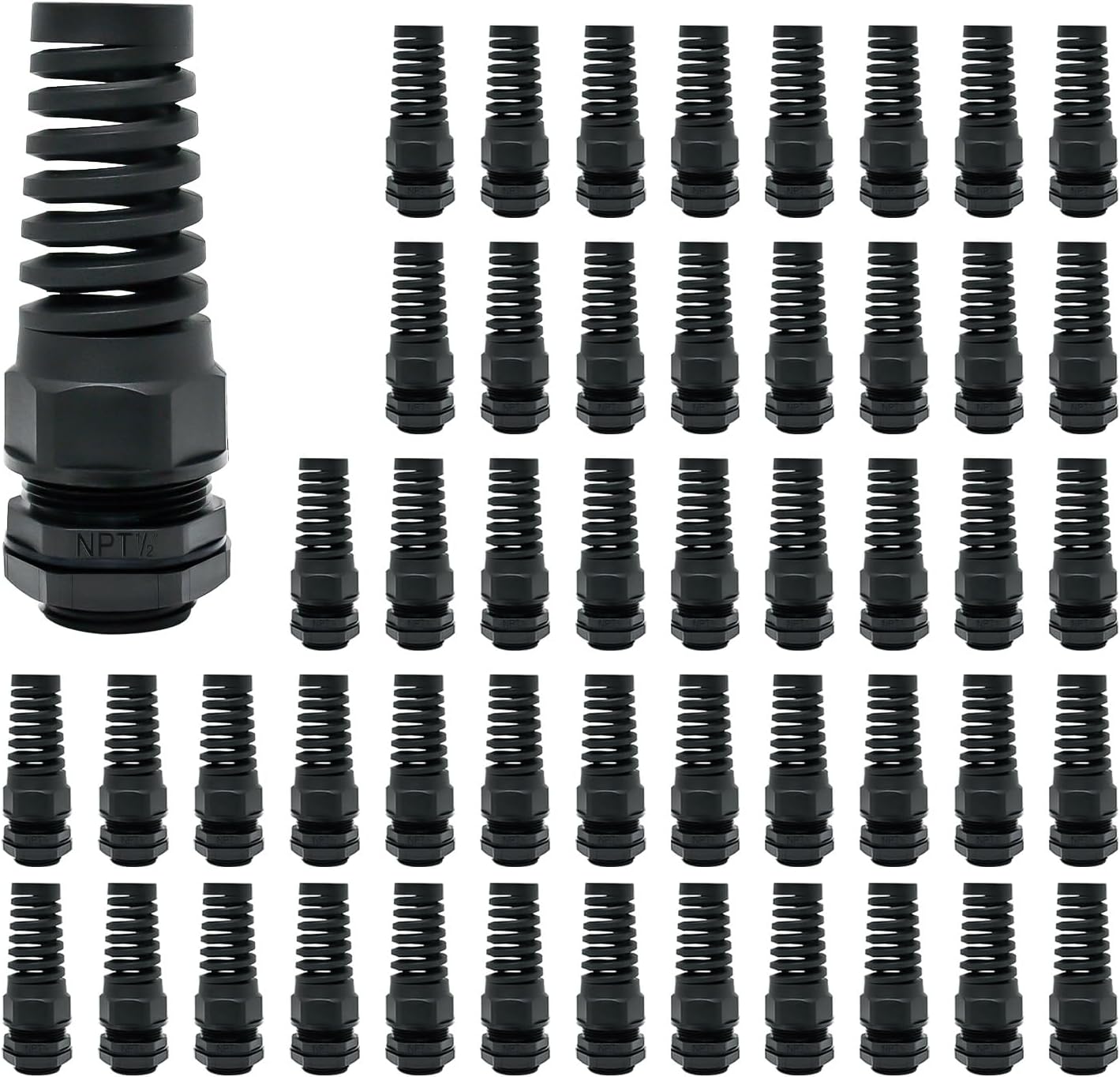 LeMotech 50Pcs NPT 1/2" IP68 Waterproof Cable Gland Flex Spiral Strain Relief Black Nylon Joint with Gaskets for 6-12mm Wire Thread