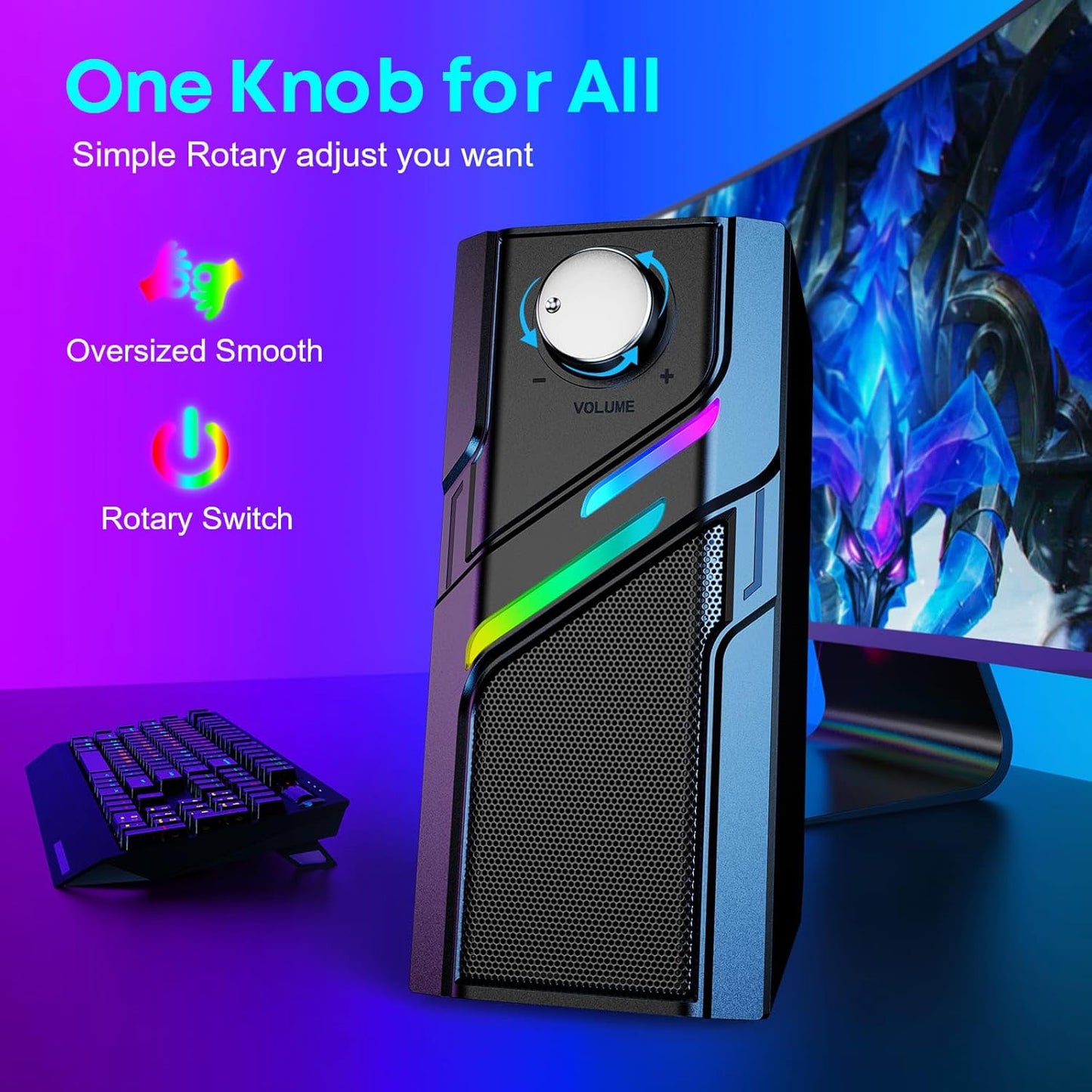 LENRUE Computer Speakers for Desktop PC with Easy Knob, Clear Powerful Sound, Touch Lights, Plug and Play for Computer Desktop PC, Monitors, Laptop (USB & AUX)