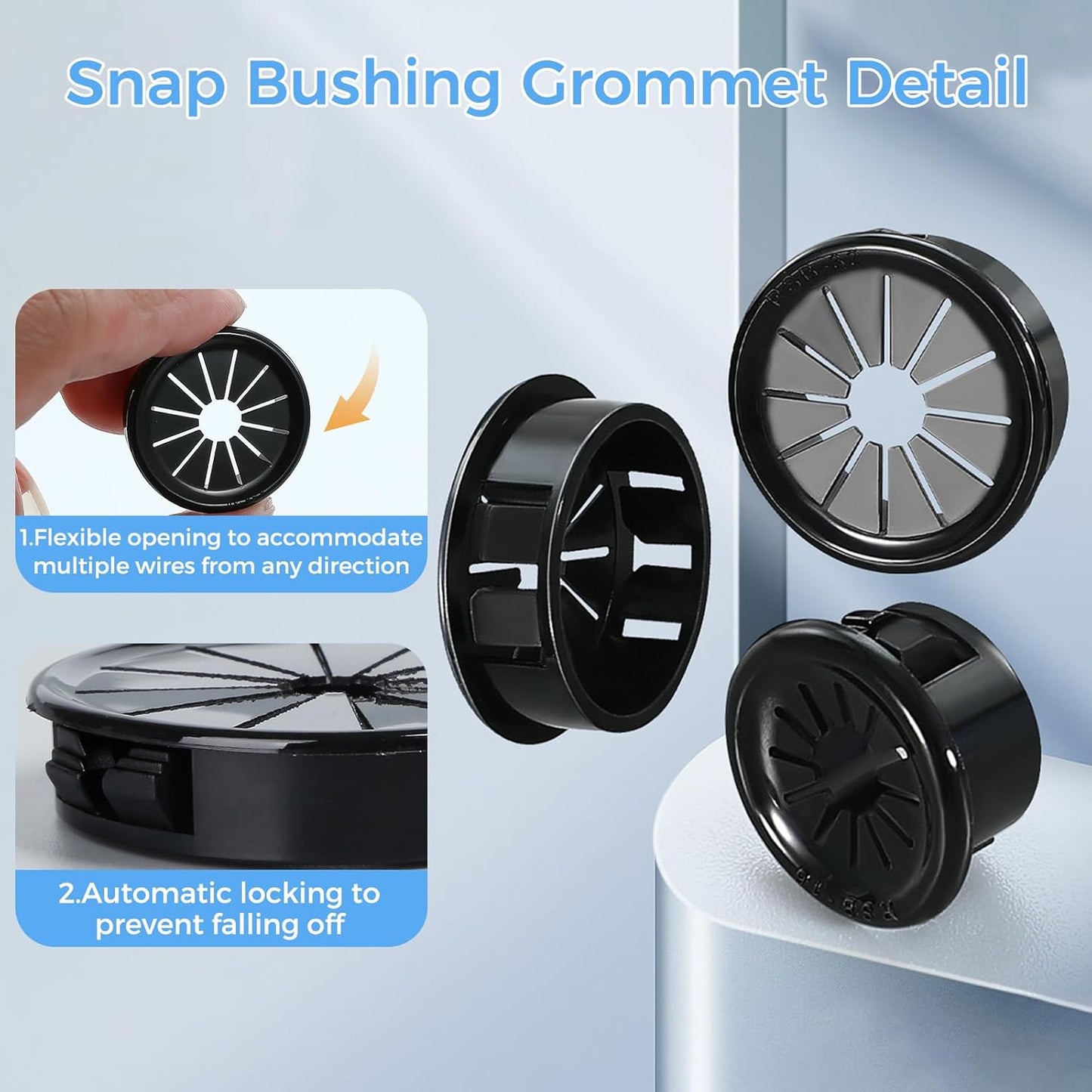 12 Pcs Cable Grommet, Snap Bushing 1-3/16" (30 mm) Mounting Diameter, Flexible Petal-Shaped Buckle Round Nylon Desk Grommet for Wires Through Countertop Cord Organizer and Protection, Black