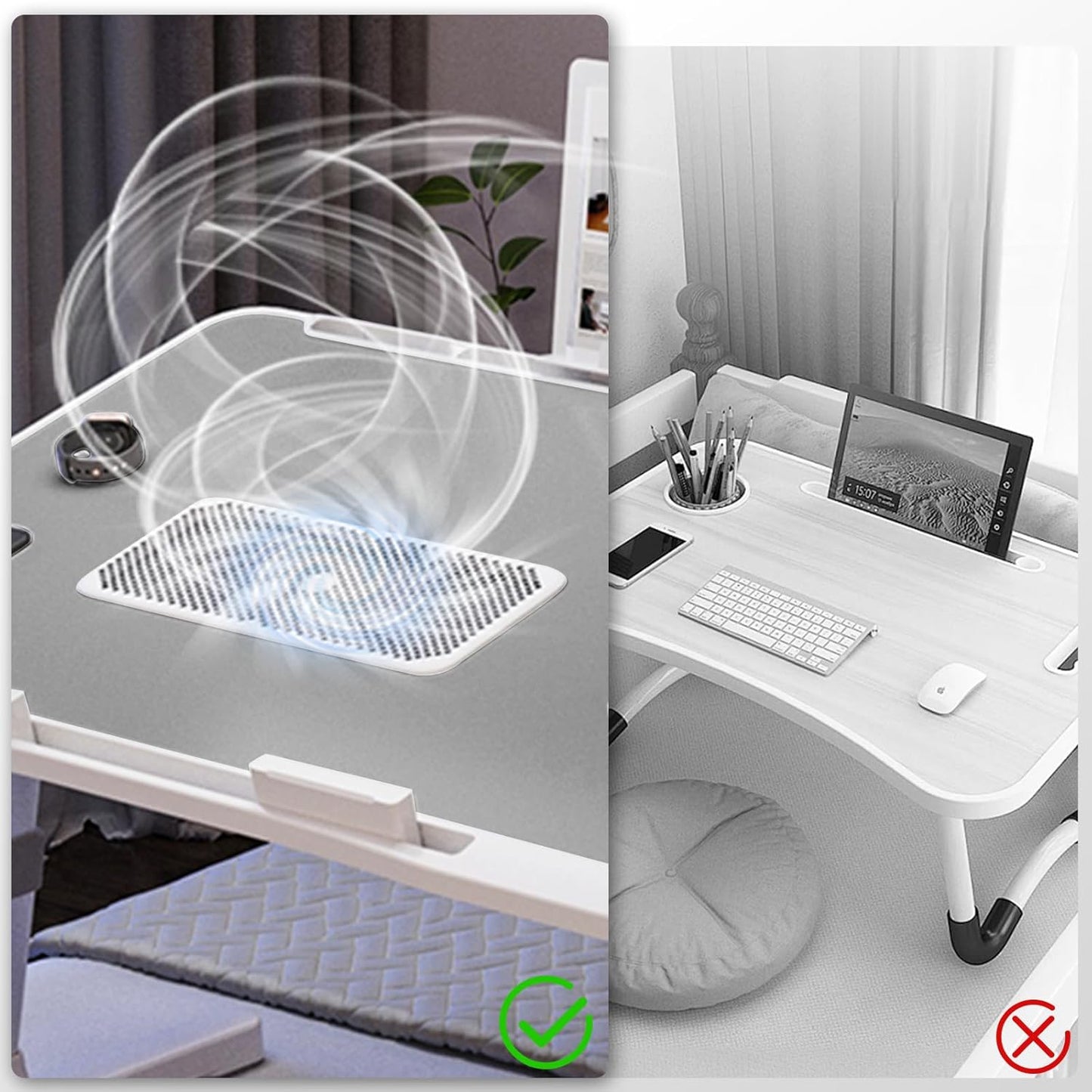 Laptop Lap Desk with Cooling Fan - Adjustable with Light, USB, Storage Drawer - Folding Bed Desk,22.04"*12.59",Grey