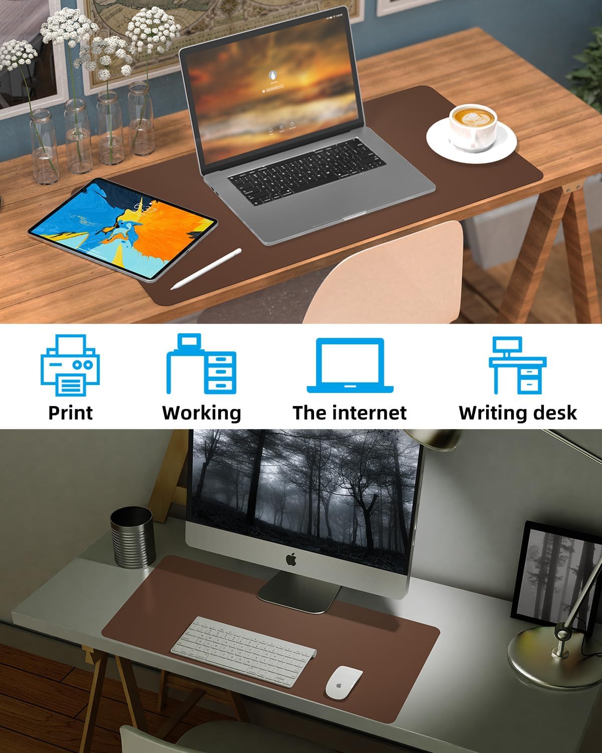 Leather Desk Pad Protector - Non-Slip PU Laptop Mat for Office/Home - Waterproof Writing Pad (31.5"x15.7", Brown)