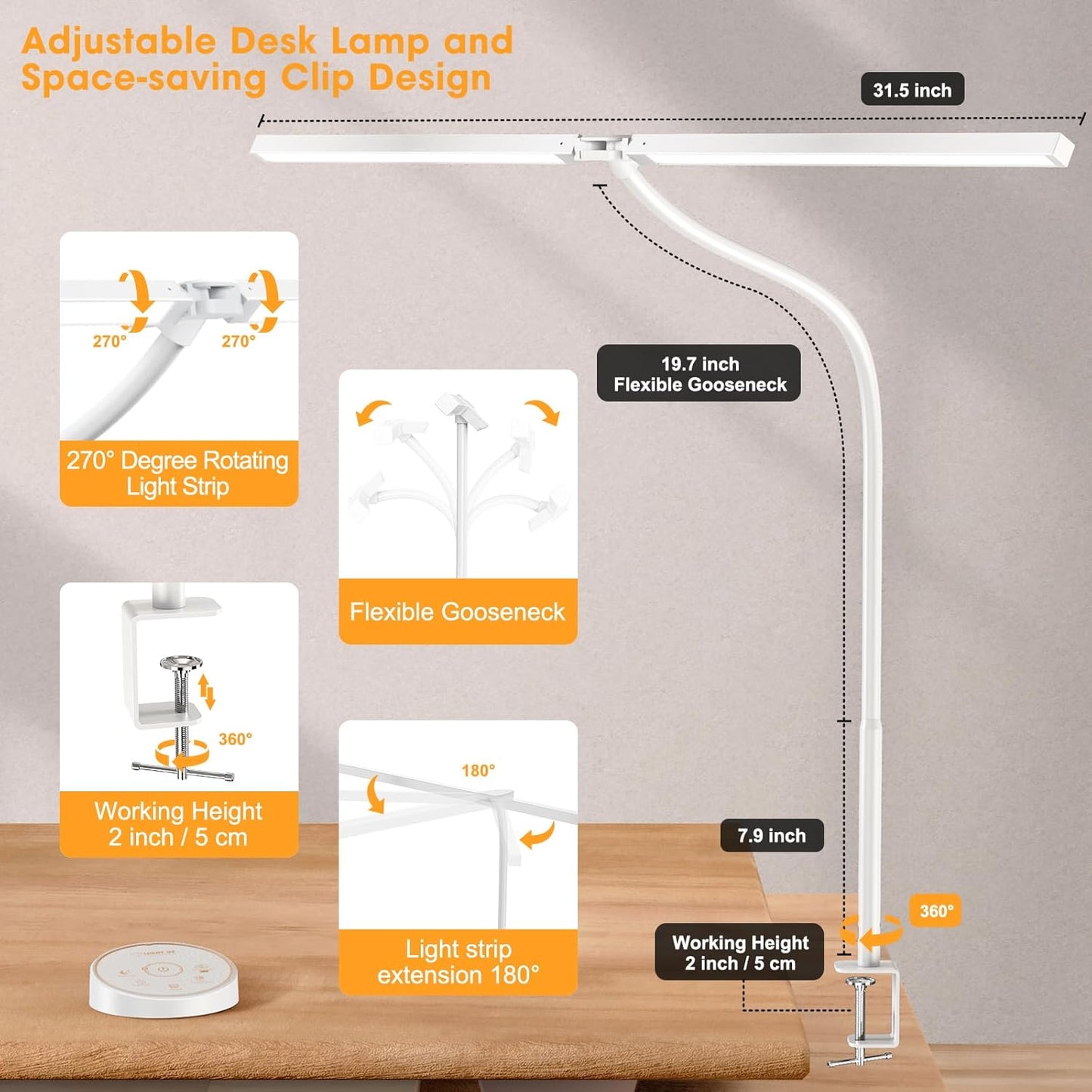 Led Desk Lamp for Office Home - Eye Caring Architect lamp with Clamp,Dual Screen Computer Monitor Gooseneck Smart Light: 24W 5 Color Flexible Adjustable Lighting Table Lamp for Study White