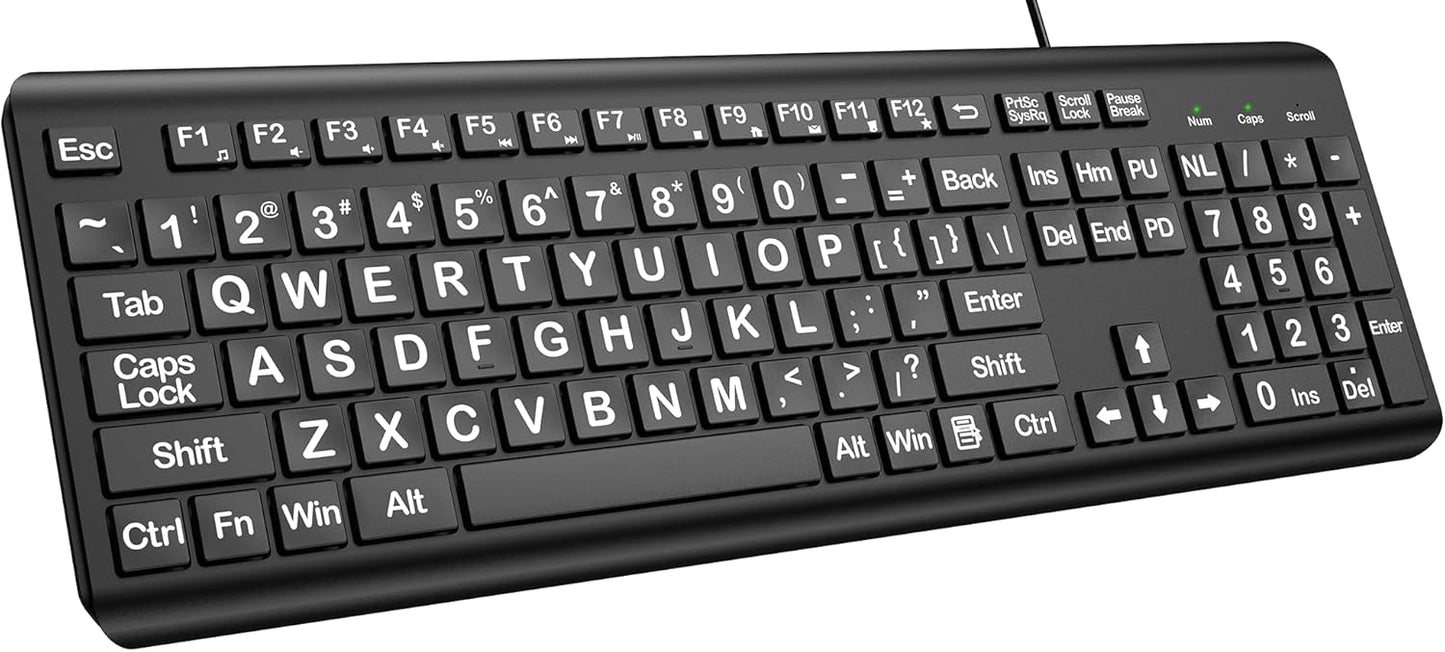 Large Print Computer Keyboard, Wired USB Full Size Quiet Keyboard with 4X Oversized Print Letters for Visually Impaired Low Vision Individuals Easy to See and Type for PC, Laptop,Windows