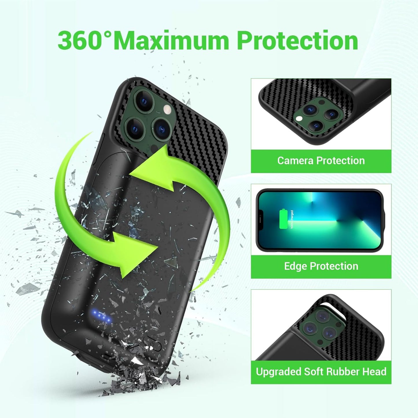 13800mAh High Capacity Battery Case for iPhone 14, for iPhone 13, 13 Pro (6.1 inch), 2025 Upgraded Battery Pack Rechargeable Charger External Charging Case w/Tempered Glass Screen Protector Black