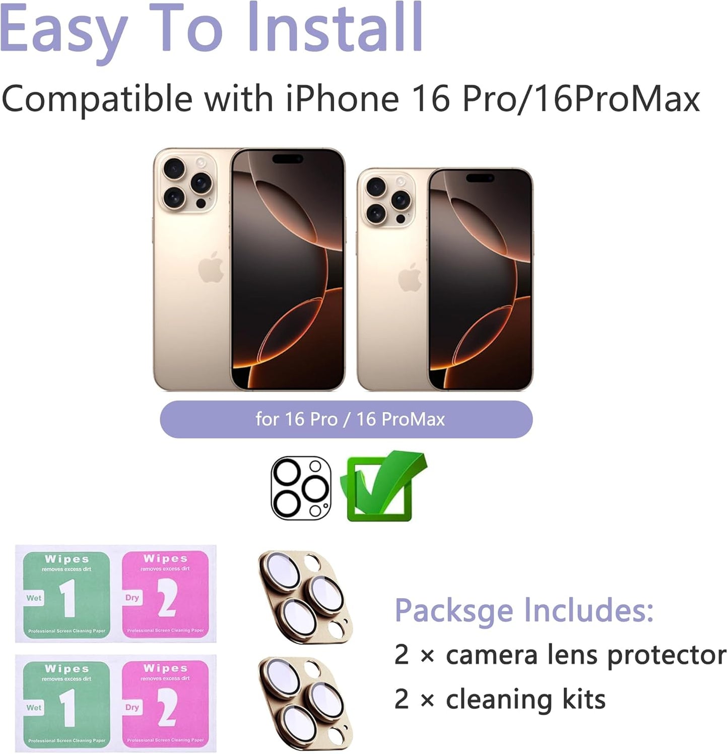 2 Pack Camera Lens Protector for iPhone 16 Pro/iPhone 16 Pro Max,[Not Easy to Breakn ] AR Tempered Glass Strong Adsorption Metal Camera Cover Screen-Desert Gold