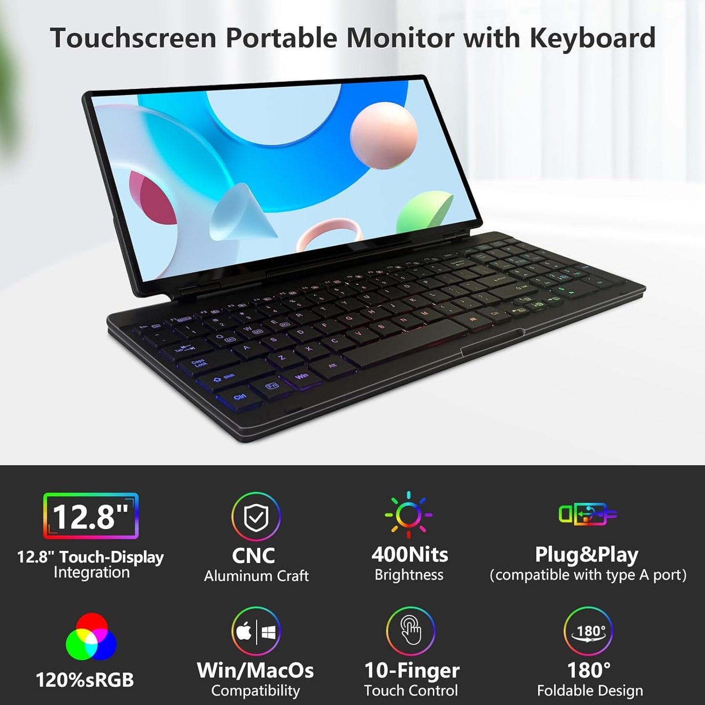 12.8" Portable Touchscreen Keyboard Monitor Stretched Bar Screen Extender with Silent Keyboard Foldable MIni RPi Display Type-C USB-A Monitor for Desktop Mini PC Laptop Macbook Phones Tablet (KM128T)