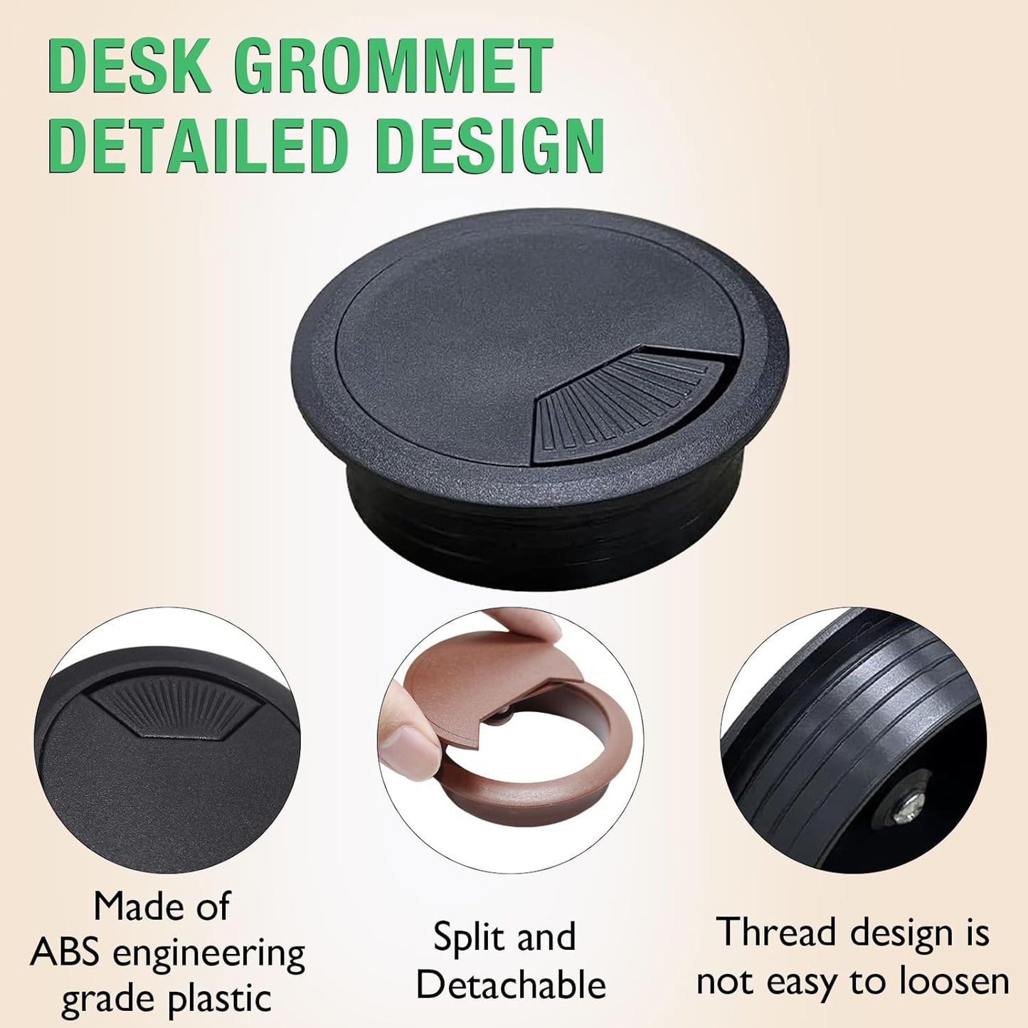 10 Pcs Desk Grommet 2" / 50 mm, Desk Cord Hole Cover, Cable Grommet ABS Plastic, Desk Hole Grommet for Home & Office Pc, Detachable Adjustable Cable Cord Organizer-Black