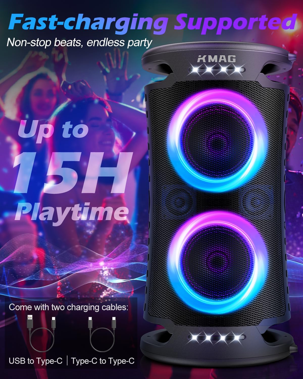 Large Bluetooth Speaker, 260W Peak Powerful Loud Sound with Deep Bass, Portable Outdoor Speaker Wireless, 15Hr Playtime, Fast Charge, TWS, Cool Lights for Party, Camping, Beach, Backyard, Home, Work