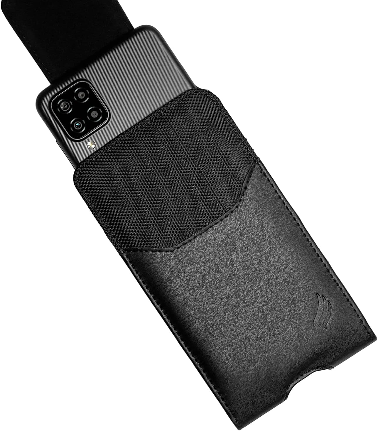 Leather Cell Phone Holster for Cricket Debut, Icon, AT&T Radiant Core, Calypso 2, Moto E6, G7 Play, Alcatel Onyx, REVVLRY REVVL2 - Vertical Case Waist Carrying Pouch with Belt Clip/Loops, Black