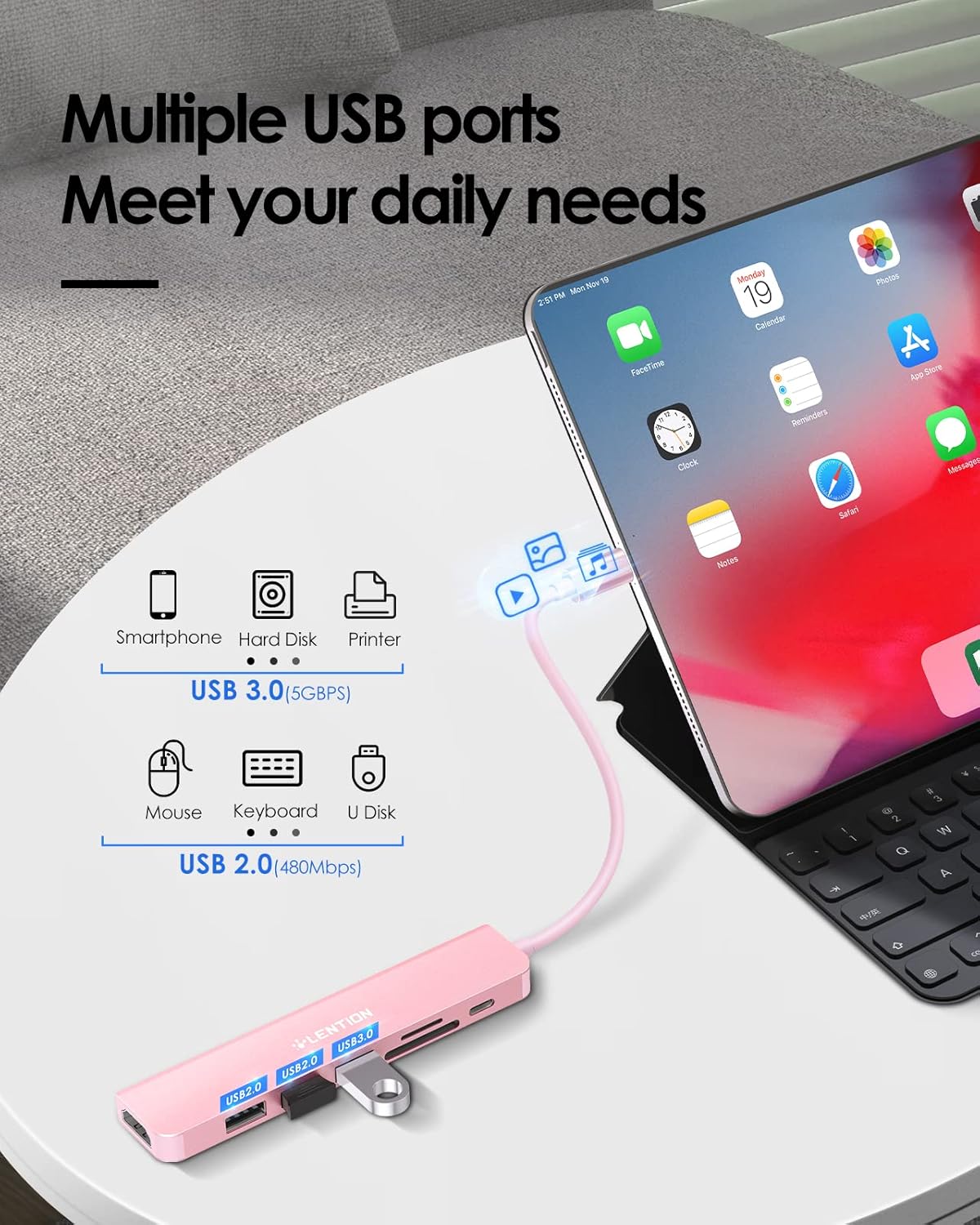 LENTION USB C Hub with 100W Charging, 4K HDMI, Dual Card Reader, USB 3.0 & 2.0 Compatible MacBook Pro, New Mac Air/Surface, Chromebook, More, Stable Driver Adapter (CB-CE18, Rose Gold)