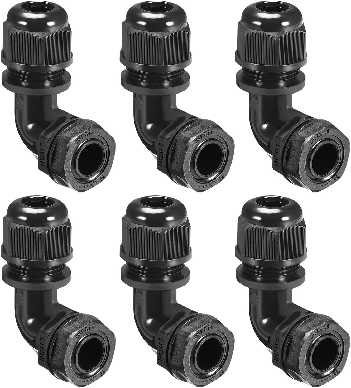 LeMotech M12 Cable Gland, 90 Degree Adjustable 4-8mm Strain Relief, Cord Connectors Nylon Joints with Gaskets, 6 Pcs, Black